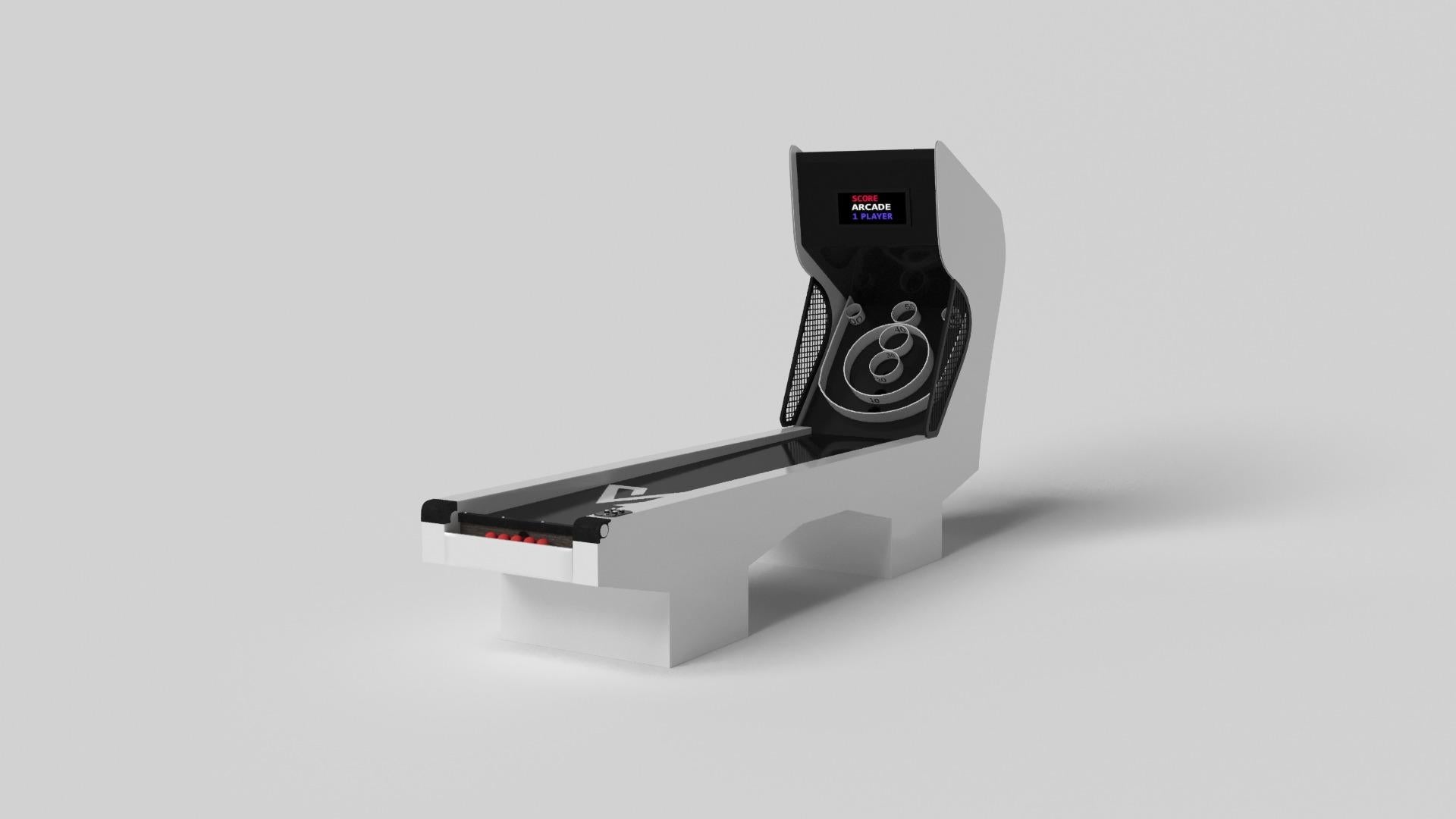 Minimalist design meets opulent elegance in the Trestle skeeball game. Detailed with digital components such as sound effects and LED lights, this contemporary game is expertly crafted. Square block legs give it a stark, geometric look that
