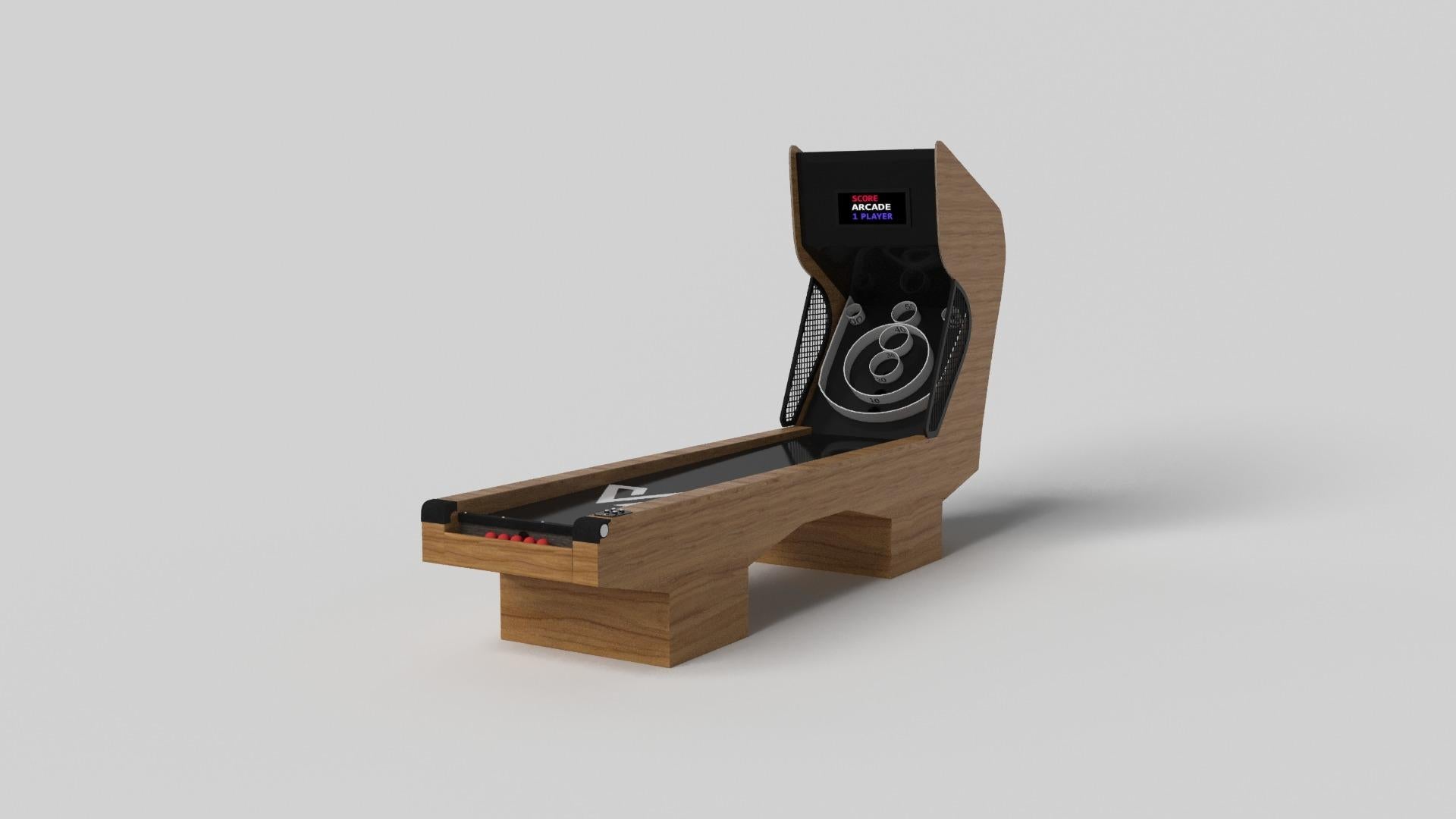 Minimalist design meets opulent elegance in the Trestle skeeball game. Detailed with digital components such as sound effects and LED lights, this contemporary game is expertly crafted. Square block legs give it a stark, geometric look that