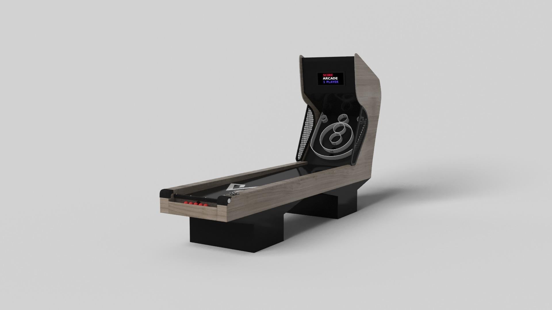 Le design minimaliste rencontre l'élégance opulente dans le jeu de skeeball Trestle. Détaillé avec des composants numériques tels que des effets sonores et des lumières LED, ce jeu contemporain est réalisé de manière experte. Les pieds carrés lui