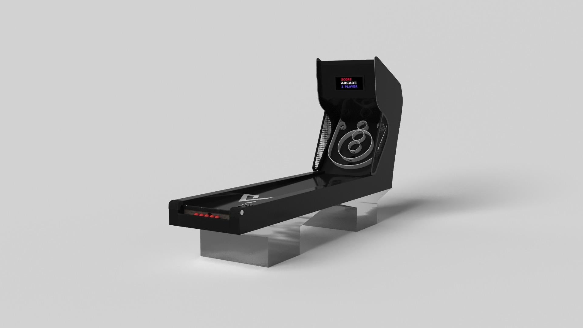 El diseño minimalista se une a la elegancia opulenta en el juego de skeeball Trestle. Detallado con componentes digitales como efectos de sonido y luces LED, este juego contemporáneo está elaborado por expertos. Las patas cuadradas de bloque le dan