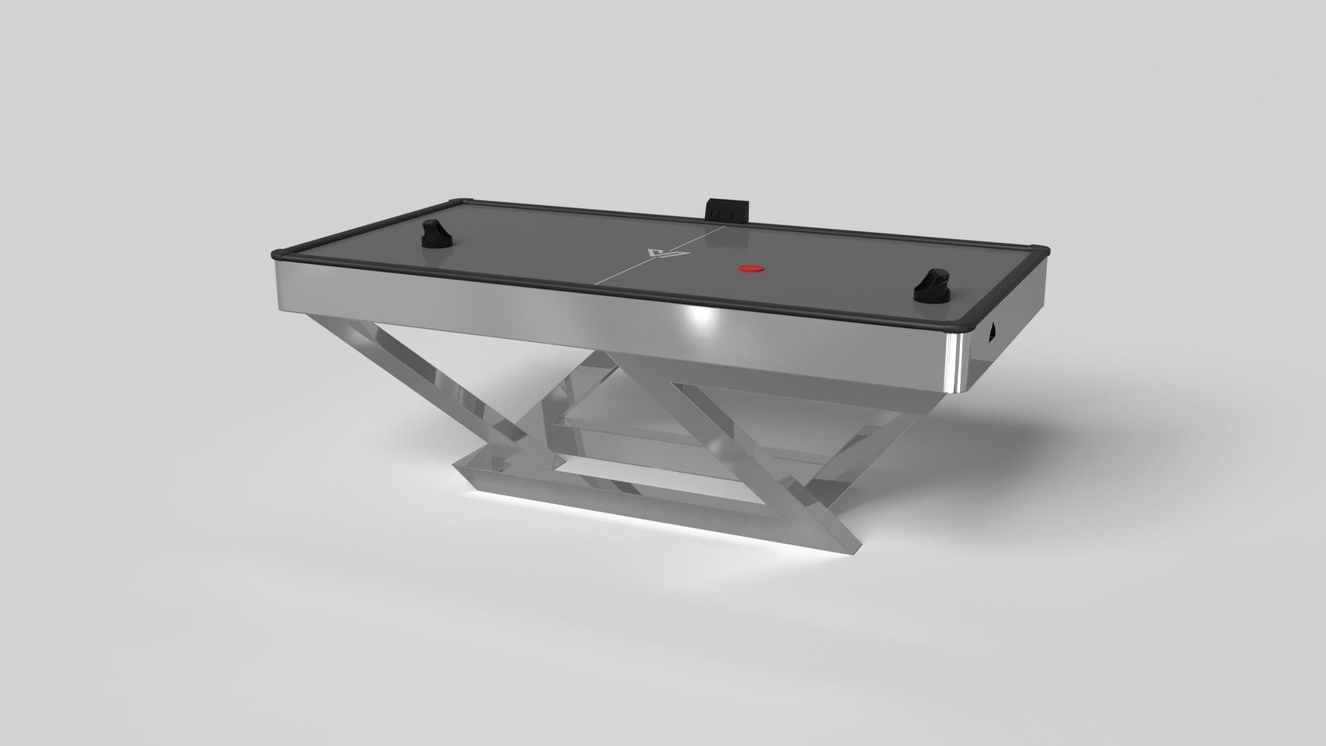 A contemporary composition of clean lines and sleek edges, the Trinity air hockey table in black with red accents is an elegant expression of modern design. Handcrafted and detailed with a regulation top for professional game play, this table offers