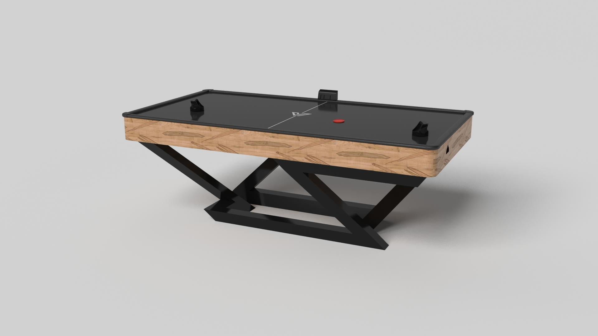 A contemporary composition of clean lines and sleek edges, the Trinity air hockey table in black with red accents is an elegant expression of modern design. Handcrafted and detailed with a regulation top for professional game play, this table offers