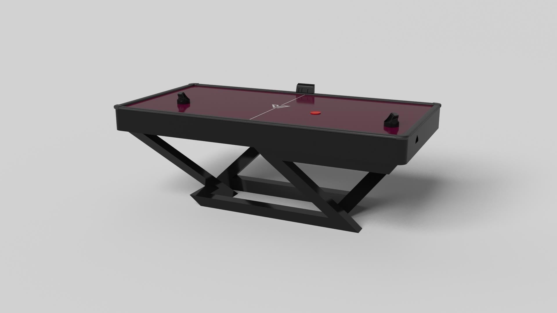 A contemporary composition of clean lines and sleek edges, the Trinity air hockey table in black with red accents is an elegant expression of modern design. Handcrafted and detailed with a regulation top for professional game play, this table offers