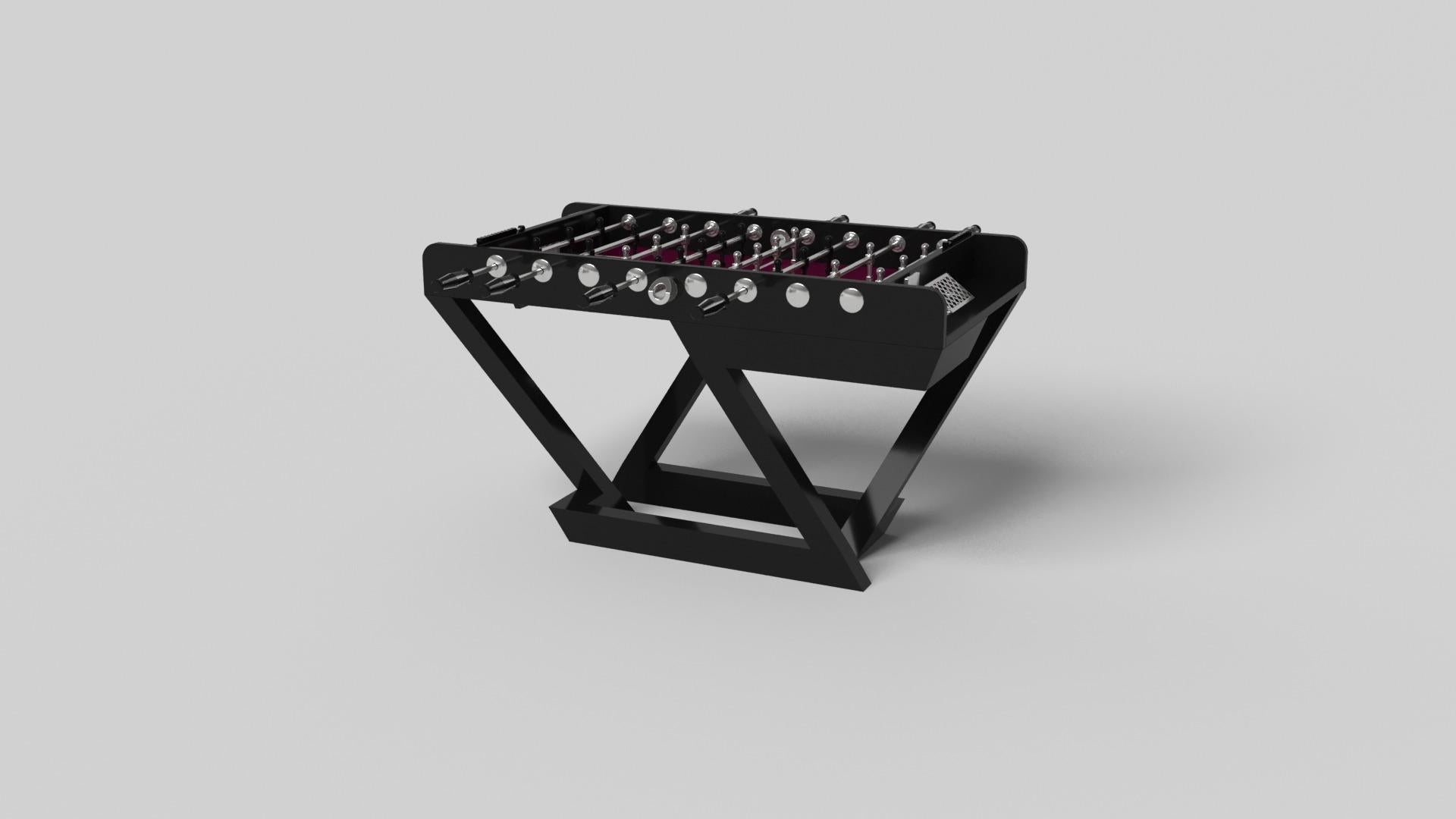 A contemporary composition of clean lines and sleek edges, the Trinity foosball table in black chrome with red accent is an elegant expression of modern design. Handcrafted from durable metal with vibrant red accents and a regulation top for