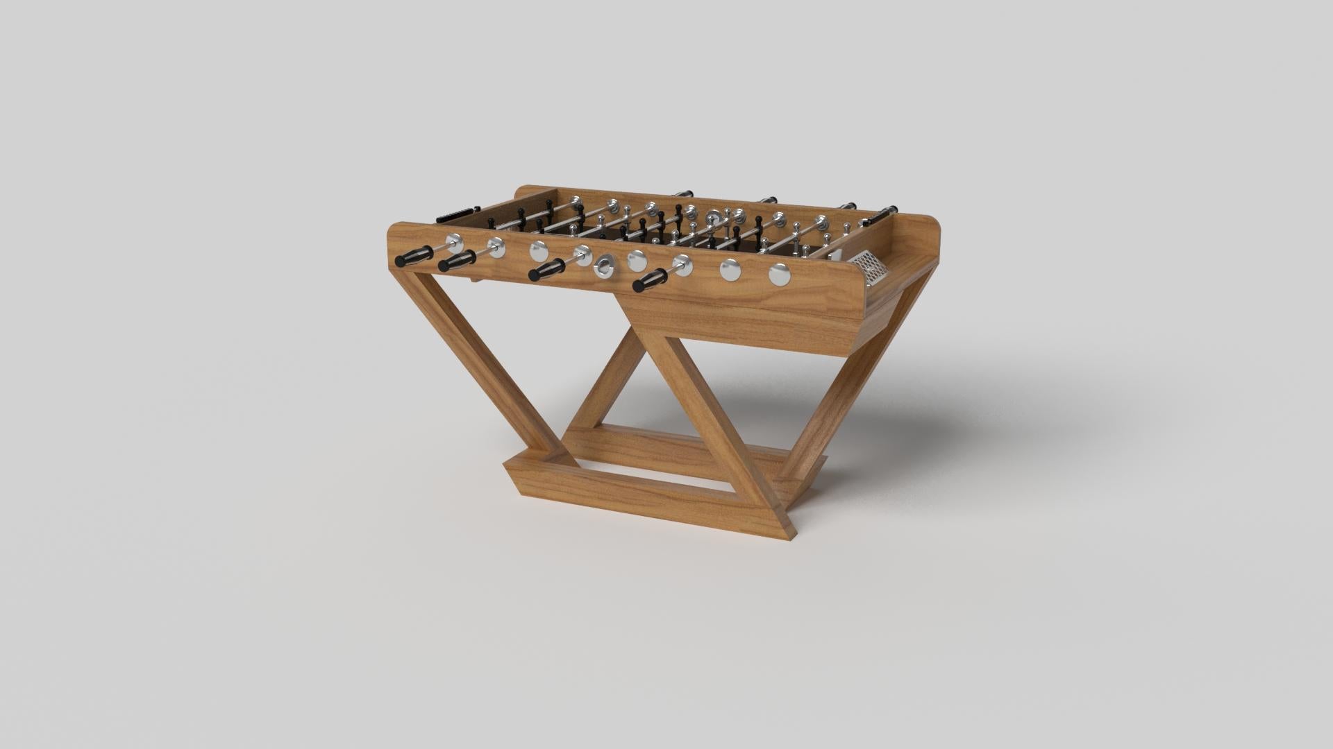 A contemporary composition of clean lines and sleek edges, the Trinity foosball table in black chrome with red accent is an elegant expression of modern design. Handcrafted from durable metal with vibrant red accents and a regulation top for