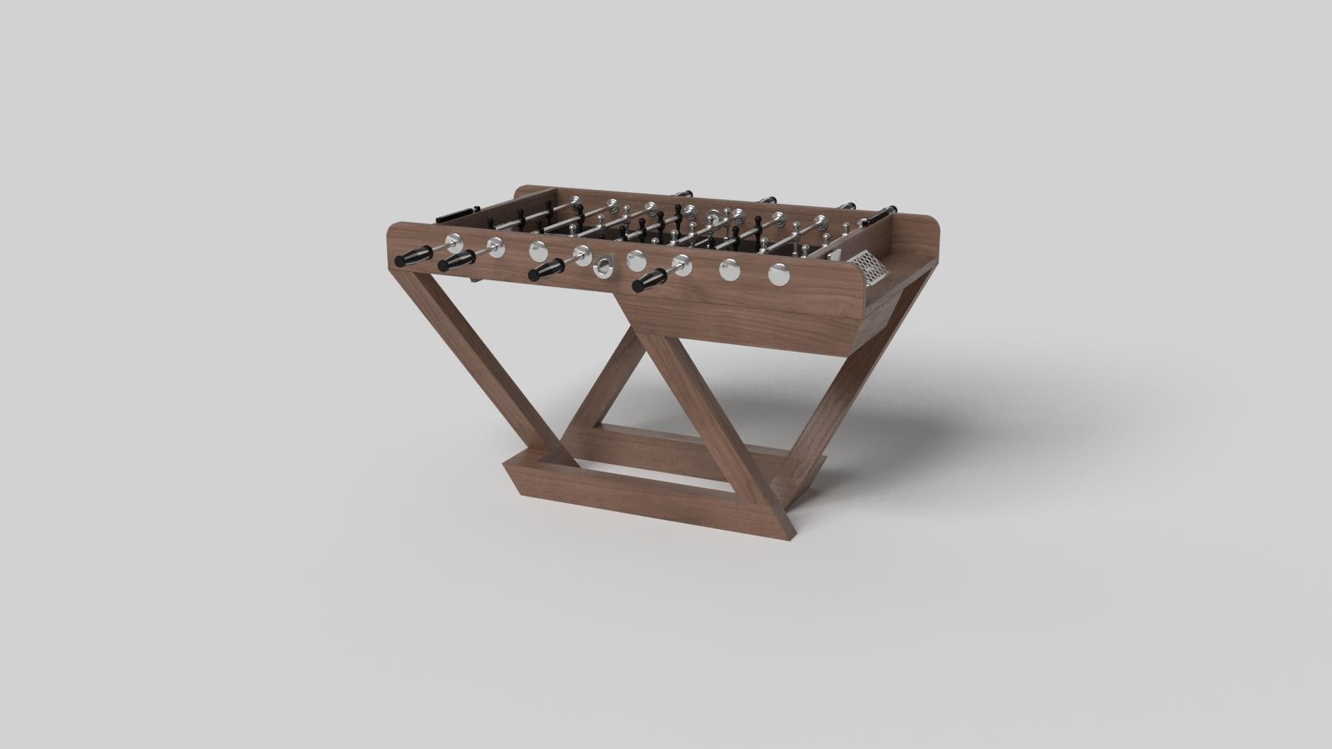 A contemporary composition of clean lines and sleek edges, the Trinity foosball table in black chrome with red accent is an elegant expression of modern design. Handcrafted from durable metal with vibrant red accents and a regulation top for