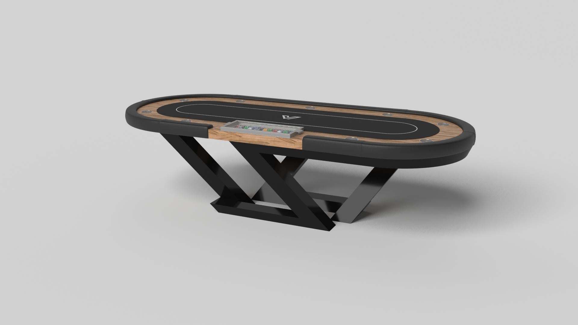 A contemporary composition of clean lines and sleek edges, the Trinity poker table in black chrome with red accent is an elegant expression of modern design. Handcrafted from durable metal with vibrant red accents and a regulation top for