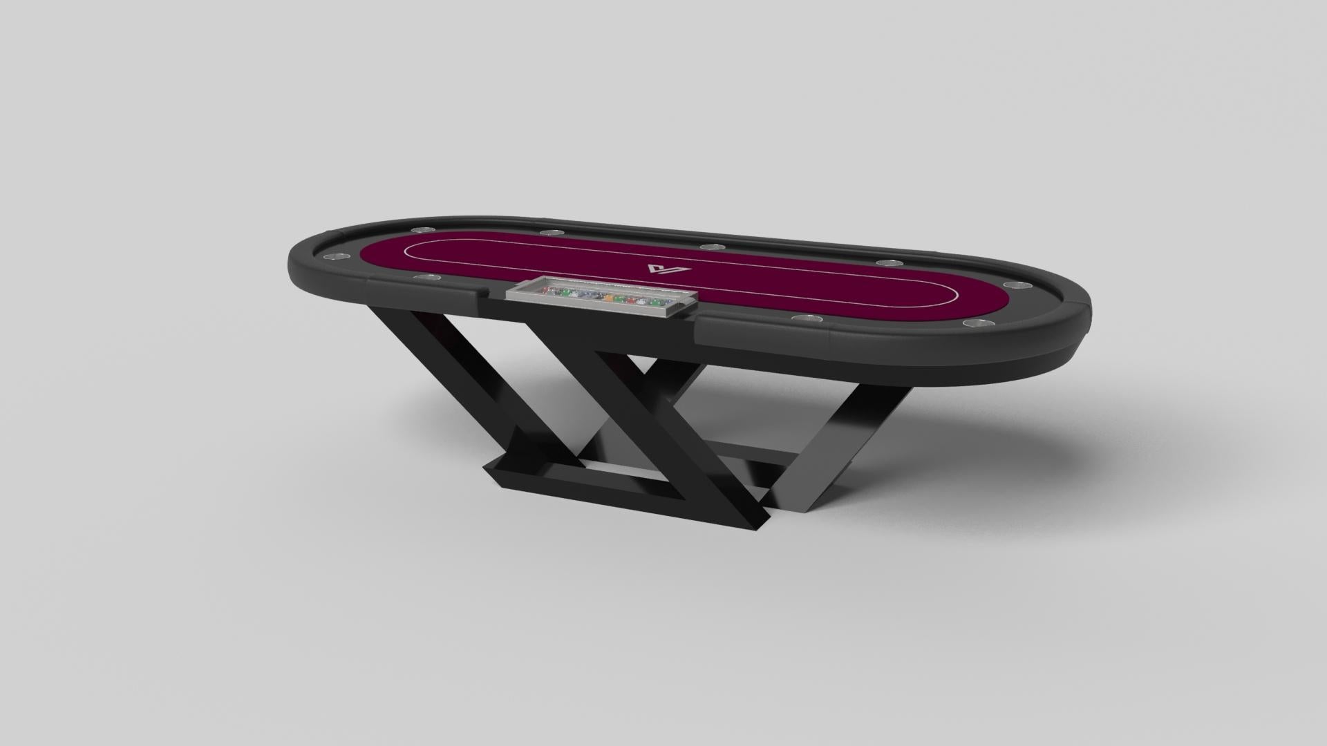 A contemporary composition of clean lines and sleek edges, the Trinity poker table in black chrome with red accent is an elegant expression of modern design. Handcrafted from durable metal with vibrant red accents and a regulation top for