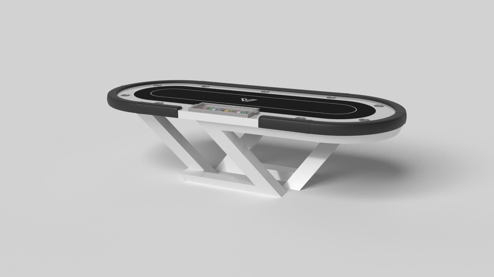 A contemporary composition of clean lines and sleek edges, the Trinity poker table in black chrome with red accent is an elegant expression of modern design. Handcrafted from durable metal with vibrant red accents and a regulation top for