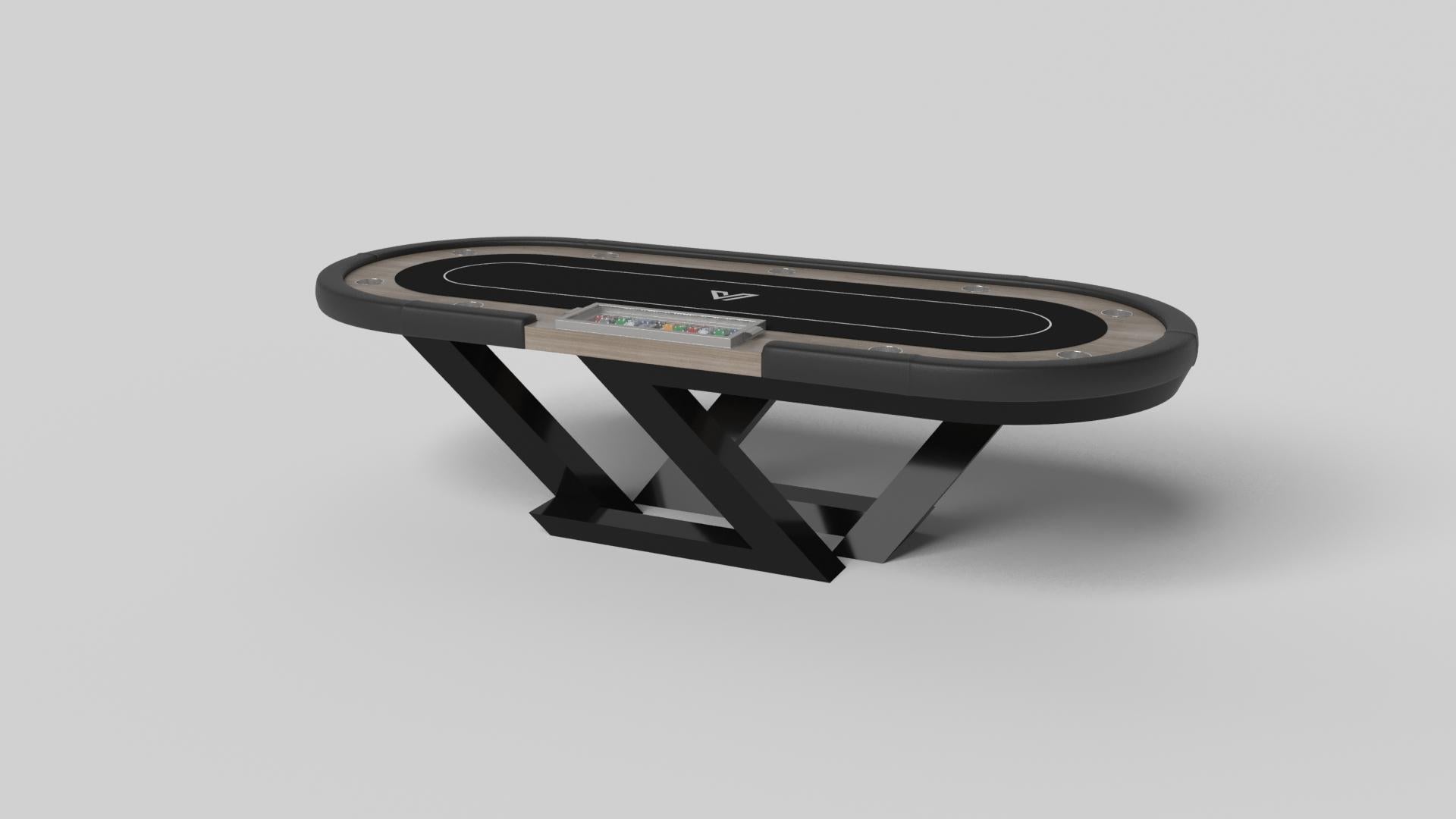 Una composición contemporánea de líneas limpias y bordes elegantes, la mesa de póquer Trinity en cromo negro con acento rojo es una elegante expresión de diseño moderno. Fabricada a mano en metal resistente con detalles en rojo vivo y un tablero