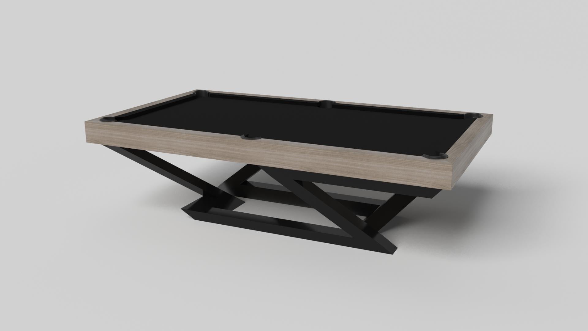 A contemporary composition of clean lines and sleek edges, the Trinity pool table in black chrome with red accent is an elegant expression of modern design. Handcrafted and detailed with a regulation top for professional game play, this table offers