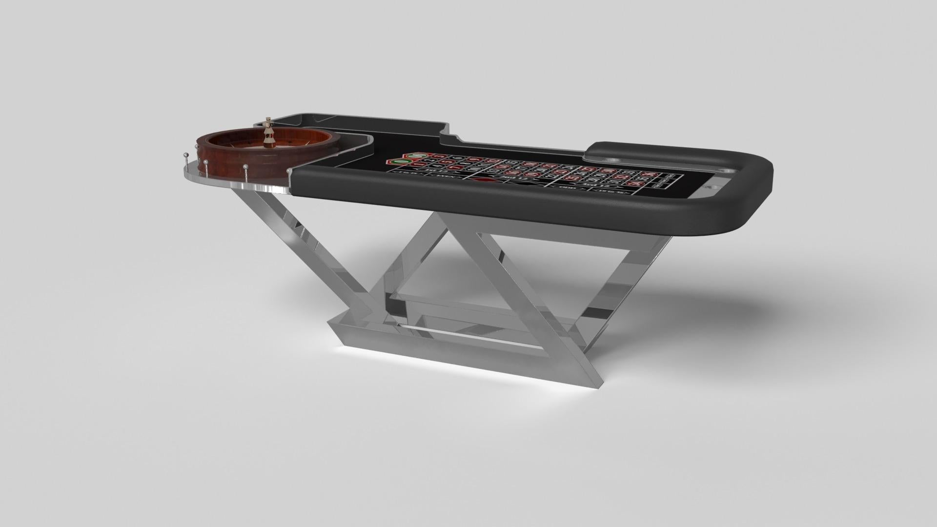 A contemporary composition of clean lines and sleek edges, the Trinity roulette table in black with red is an elegant expression of modern design. Handcrafted in a rectangular design with a classic roulette wheel and bet boxes, this table offers