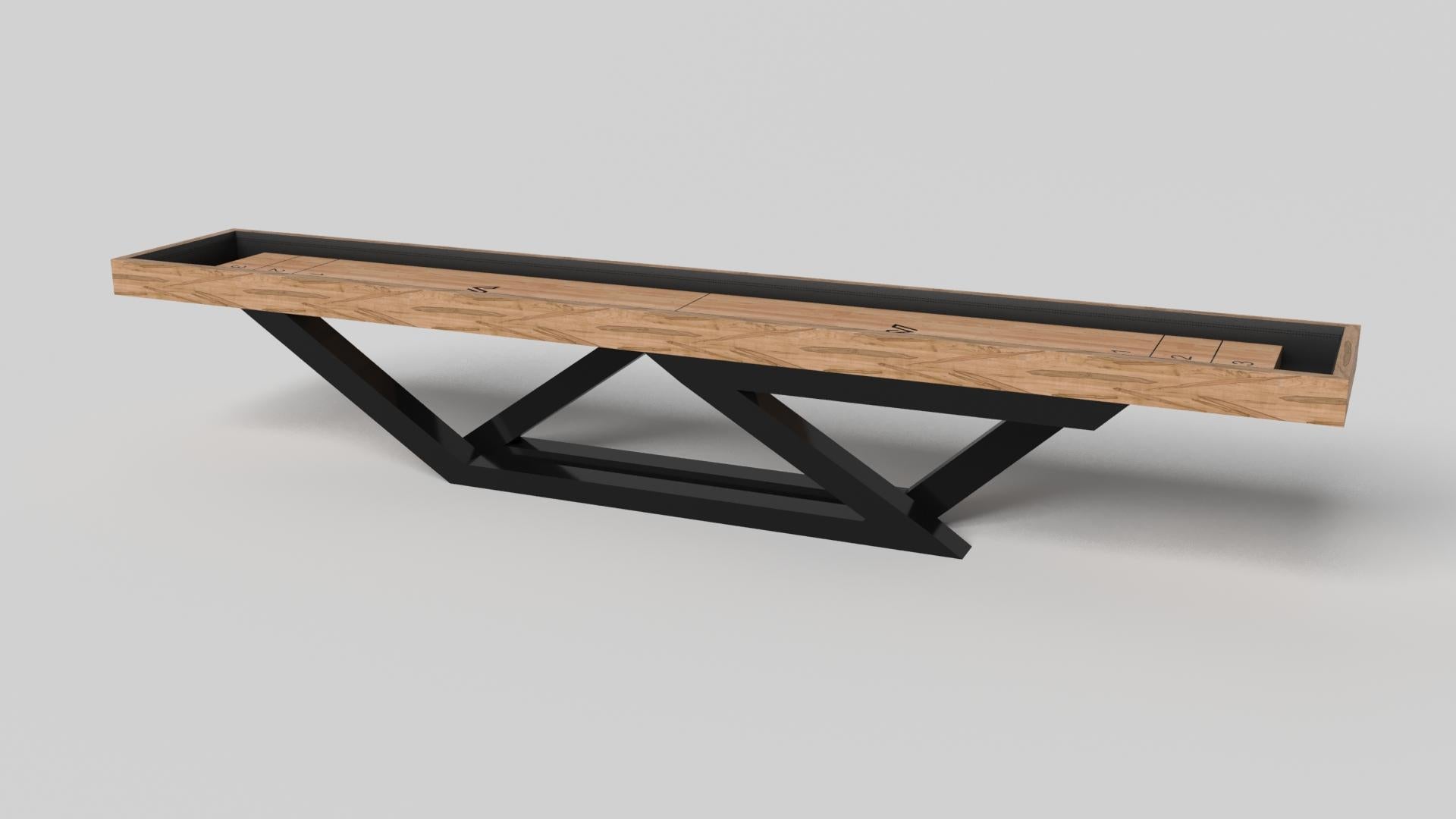 A contemporary composition of clean lines and sleek edges, the Trinity shuffleboard table in black chrome with red accent is an elegant expression of modern design. Handcrafted and detailed with a regulation top for professional game play, this