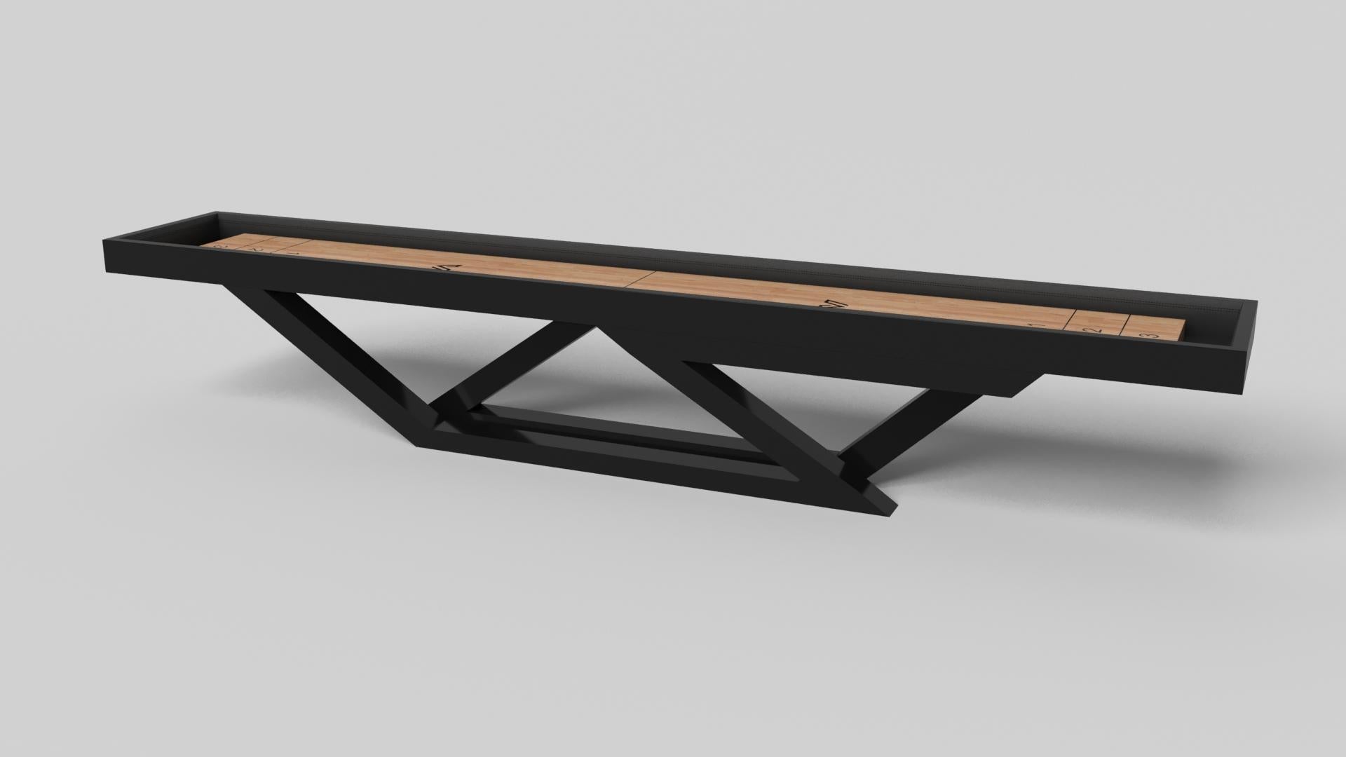 A contemporary composition of clean lines and sleek edges, the Trinity shuffleboard table in black chrome with red accent is an elegant expression of modern design. Handcrafted and detailed with a regulation top for professional game play, this