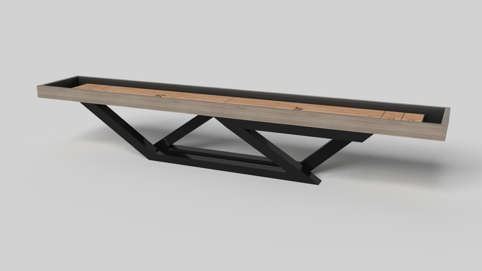 A contemporary composition of clean lines and sleek edges, the Trinity shuffleboard table in black chrome with red accent is an elegant expression of modern design. Handcrafted and detailed with a regulation top for professional game play, this