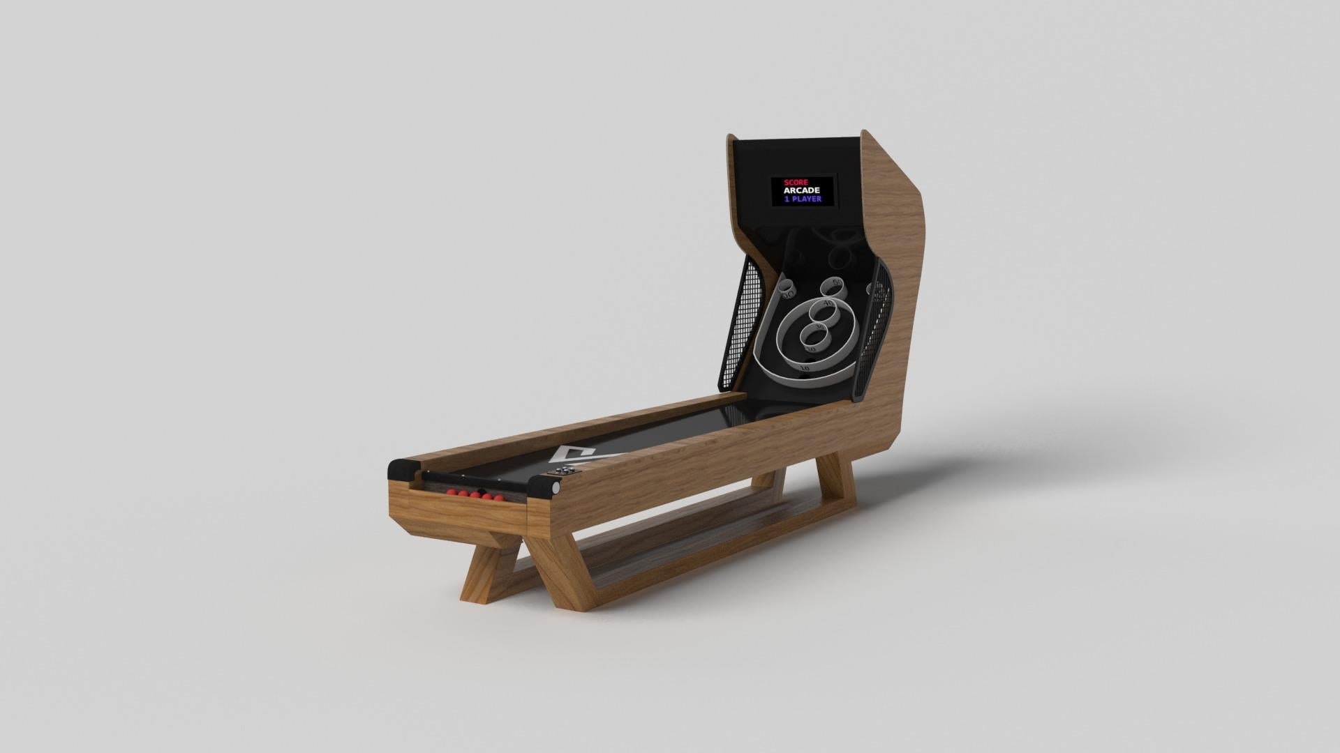 Composition contemporaine de lignes pures et d'arêtes épurées, le jeu de skeeball Trinity est une expression élégante du design moderne. Fabriqué à la main et détaillé avec des composants numériques intégrés, ce jeu offre un style remarquable avec