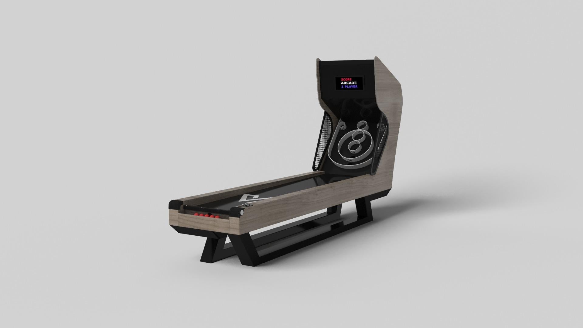 Composition contemporaine de lignes pures et d'arêtes épurées, le jeu de skeeball Trinity est une expression élégante du design moderne. Fabriqué à la main et détaillé avec des composants numériques intégrés, ce jeu offre un style remarquable avec