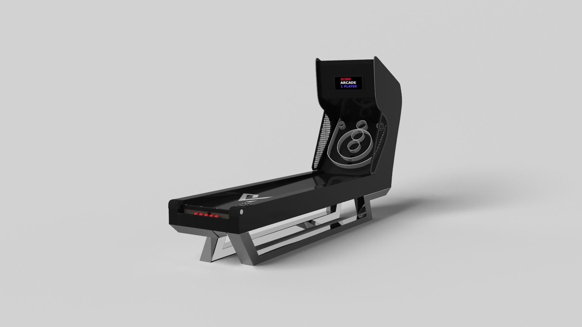 Composition contemporaine de lignes pures et d'arêtes épurées, le jeu de skeeball Trinity est une expression élégante du design moderne. Fabriqué à la main et détaillé avec des composants numériques intégrés, ce jeu offre un style remarquable avec