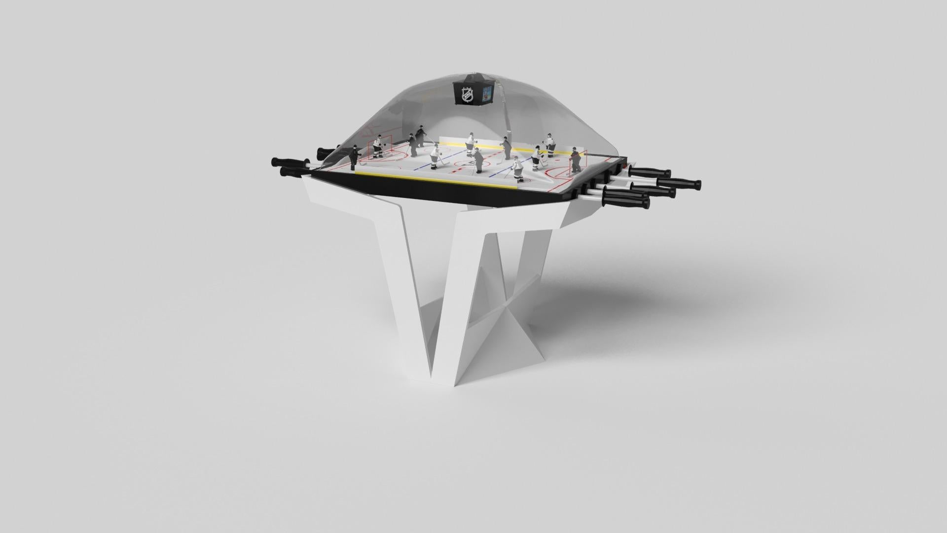 The Enzo dome hockey table is Inspired by the aerodynamic angles of top-of-the-line European vehicles. Designed with sleek, V-shaped lines and a thoughtful use of negative space, this table boasts an energetic sense of spirit while epitomizing the