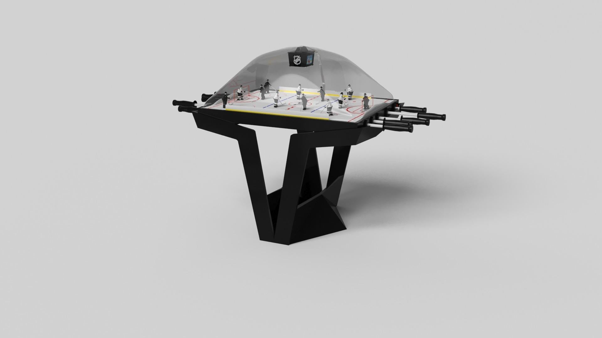The Enzo dome hockey table is Inspired by the aerodynamic angles of top-of-the-line European vehicles. Designed with sleek, V-shaped lines and a thoughtful use of negative space, this table boasts an energetic sense of spirit while epitomizing the
