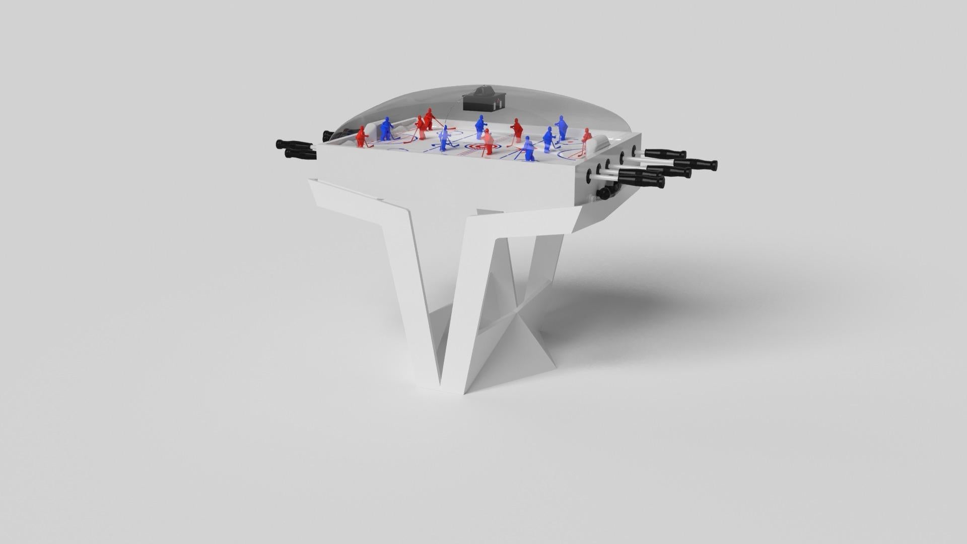 The Enzo dome hockey table is Inspired by the aerodynamic angles of top-of-the-line European vehicles. Designed with sleek, V-shaped lines and a thoughtful use of negative space, this table boasts an energetic sense of spirit while epitomizing the