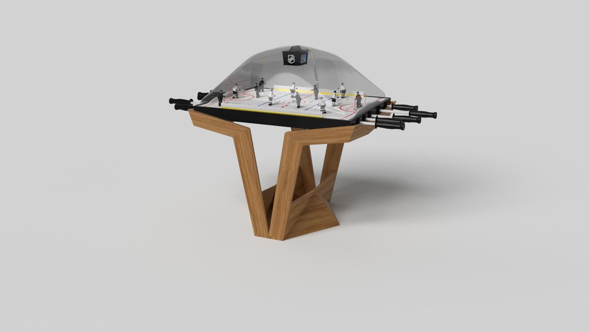 The Enzo dome hockey table is Inspired by the aerodynamic angles of top-of-the-line European vehicles. Designed with sleek, V-shaped lines and a thoughtful use of negative space, this table boasts an energetic sense of spirit while epitomizing the