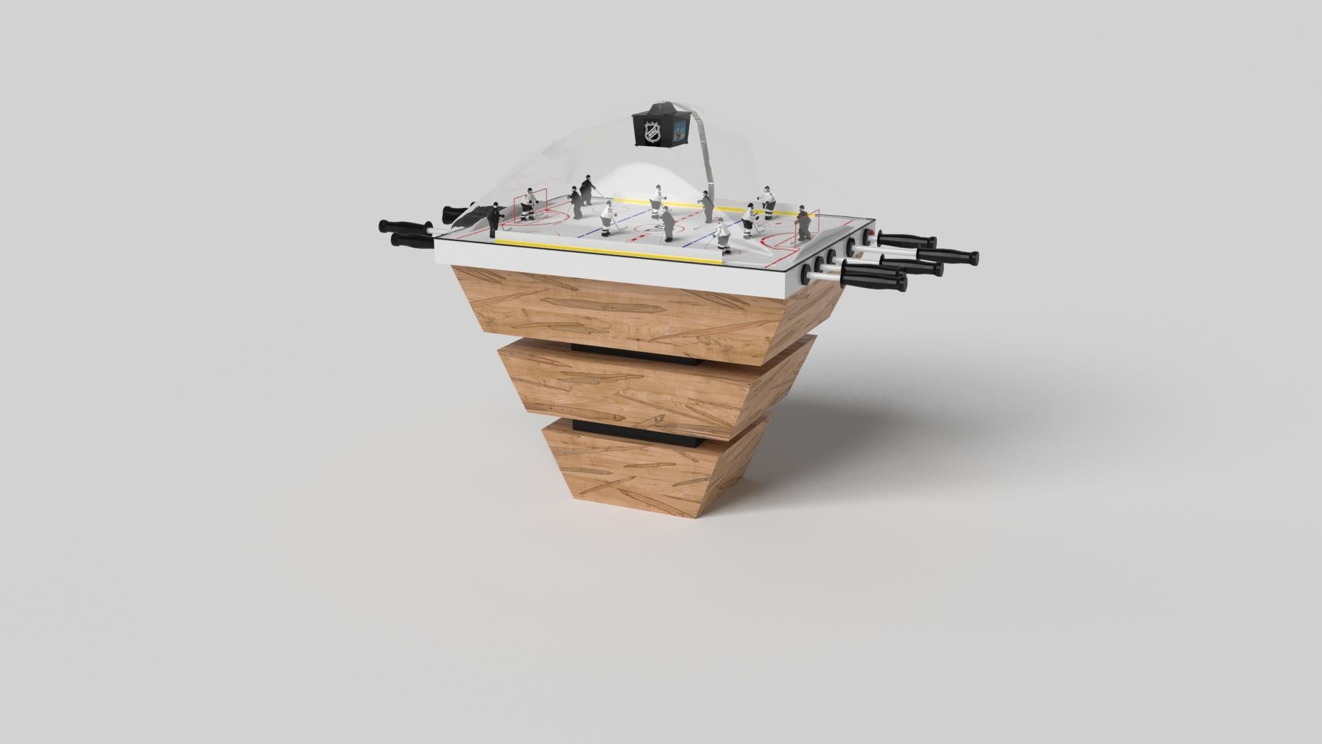 Three solid pieces of wood seemingly float around a concealed center base, making the Louve dome hockey table in chrome one of our most mind-bending designs. This contemporary game table features a smooth hand-sanded finish with a tapered base that