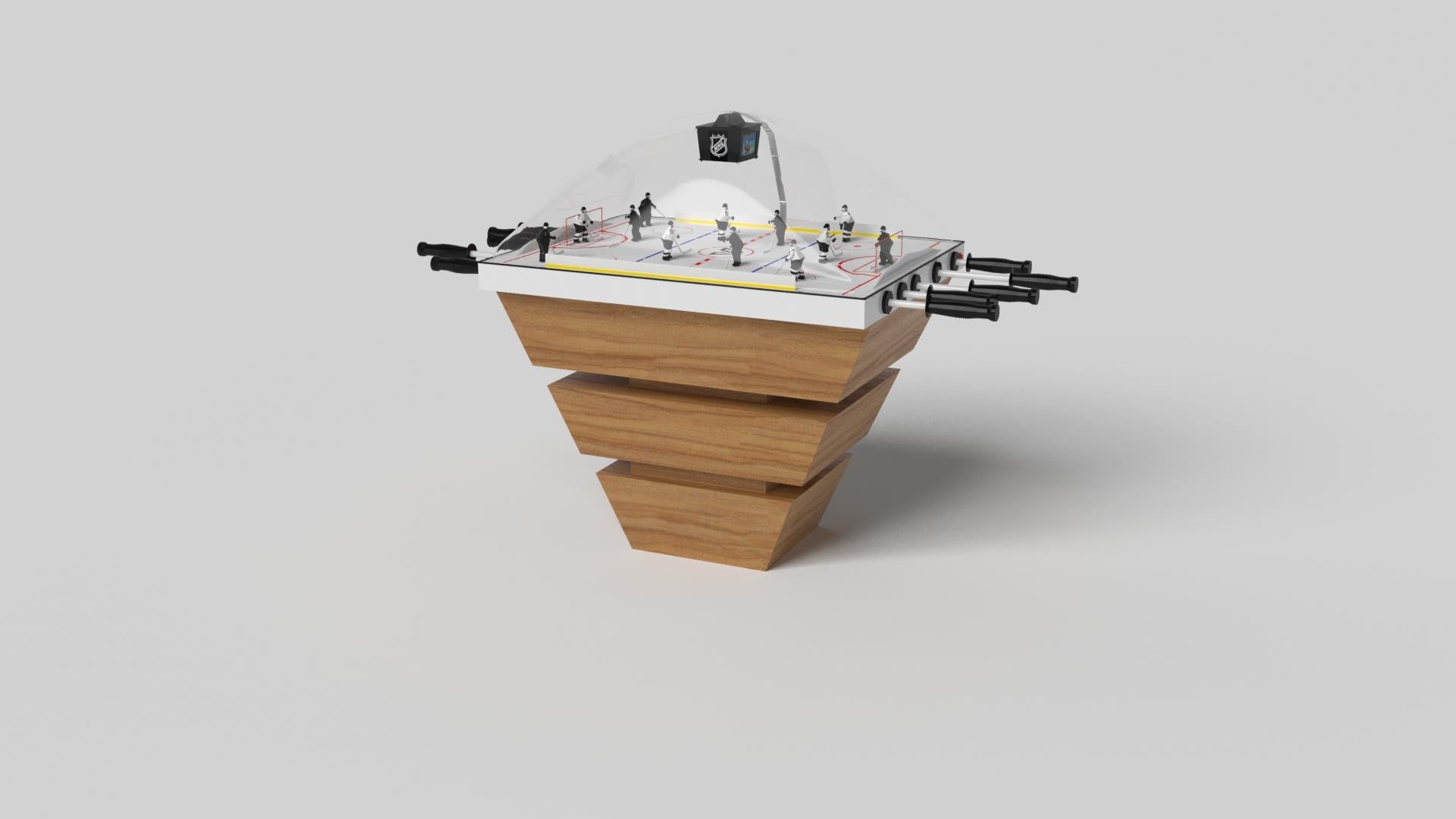 Three solid pieces of wood seemingly float around a concealed center base, making the Louve dome hockey table in chrome one of our most mind-bending designs. This contemporary game table features a smooth hand-sanded finish with a tapered base that
