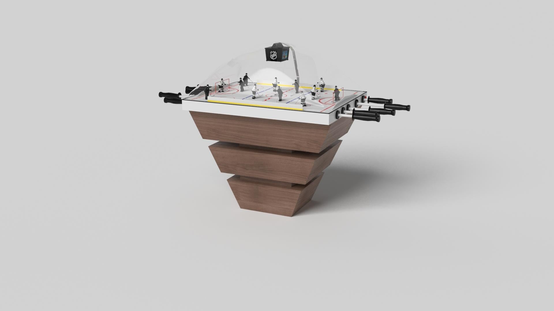 Three solid pieces of wood seemingly float around a concealed center base, making the Louve dome hockey table in chrome one of our most mind-bending designs. This contemporary game table features a smooth hand-sanded finish with a tapered base that