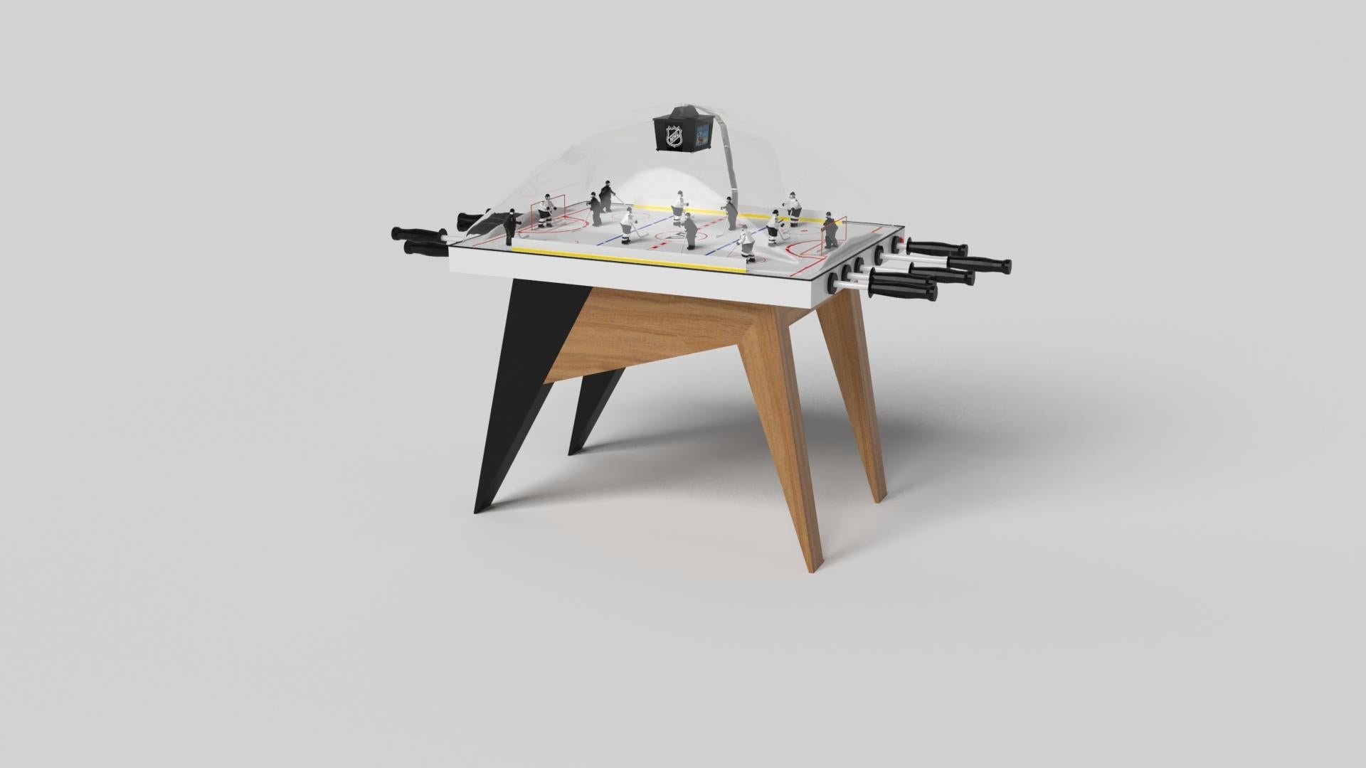 Simple yet sophisticated, the Mantis dome hockey table puts a fresh, modern spin on a classic four-legged design. Sharp angles and tapered legs provide sleek stability, while contrast color accents add an air of exuberance and an energetic