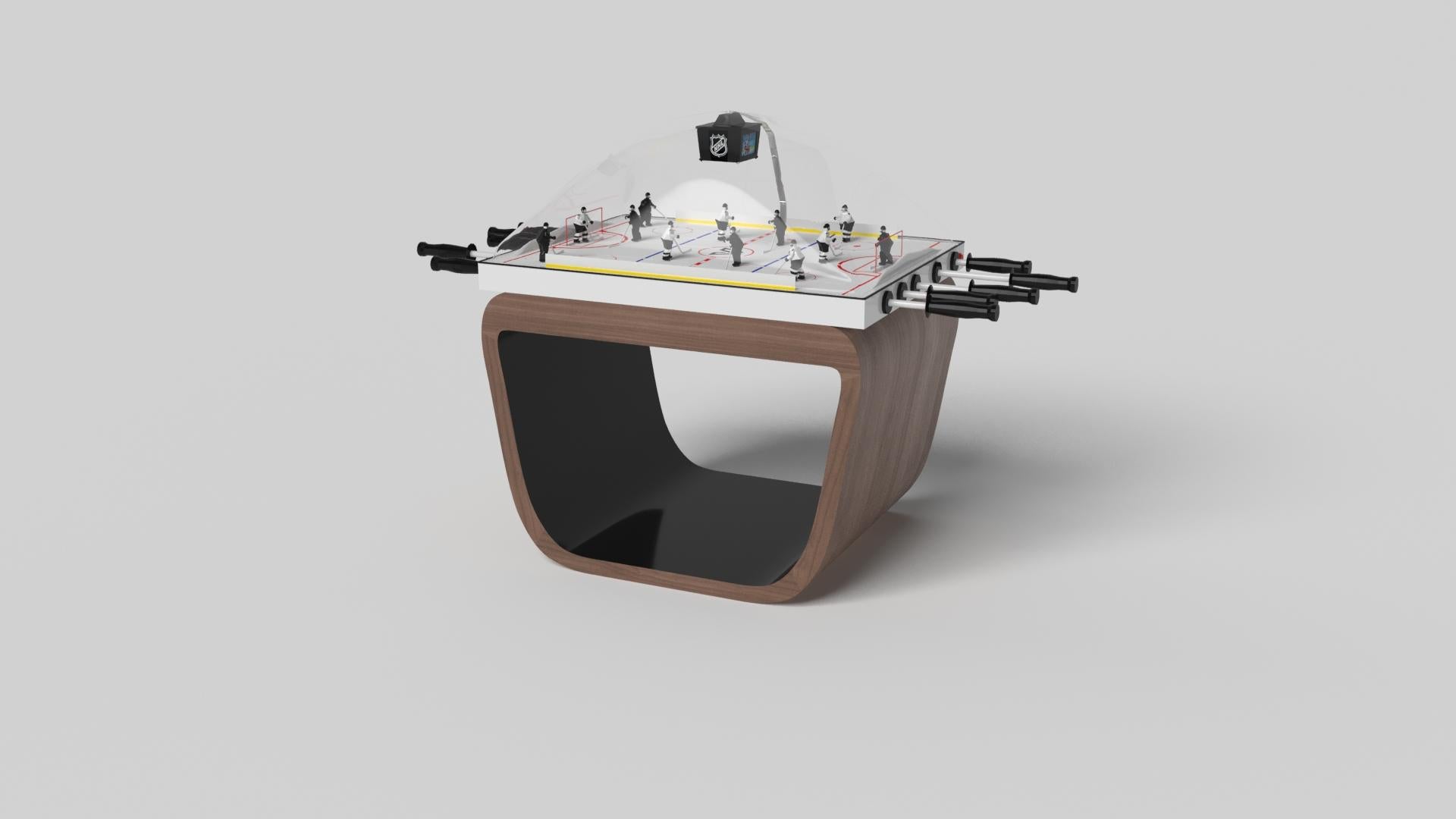 Handcrafted with intricate accents and a precision-carved curved base, the Sid dome hockey table in black encompasses a series of smooth edges, distinctive details, and unconventional elements in one unique expression of luxury design. Built by hand