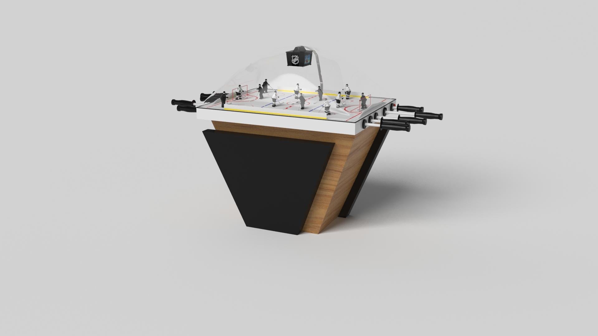 Handcrafted with clean lines, sharp angles, and a pyramid base, the Vogue dome hockey table in chrome with black strikes the perfect balance between sport-inspired style and contemporary design. Timeless in its appeal and revered for its