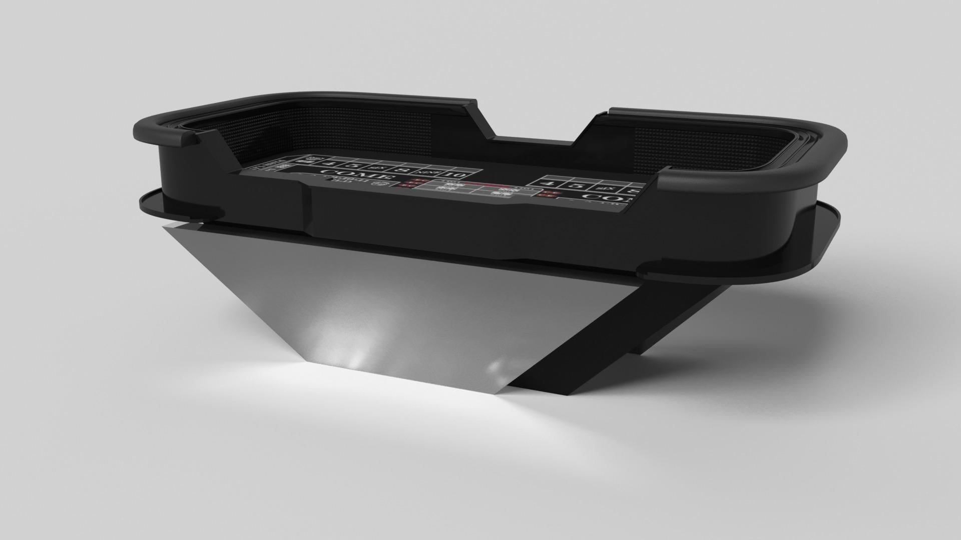Handcrafted with clean lines, sharp angles, and a pyramid base, the Vogue craps table in brushed aluminum strikes the perfect balance between sport-inspired style and contemporary design. Timeless in its appeal and revered for its practicality and
