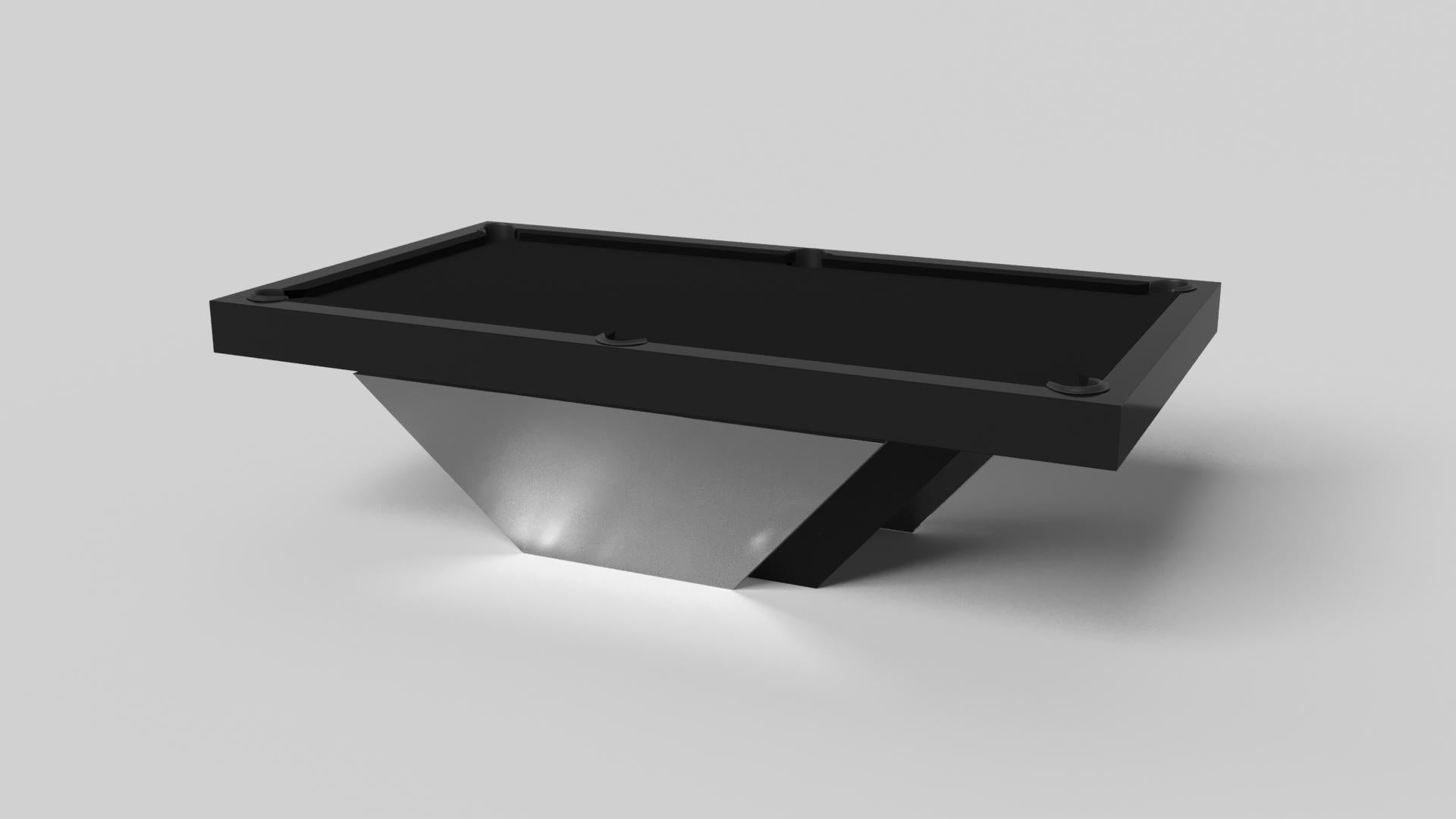 Handcrafted with clean lines, sharp angles, and a pyramid base, the Vogue pool table in chrome with black strikes the perfect balance between sport-inspired style and contemporary design. Timeless in its appeal and revered for its practicality and