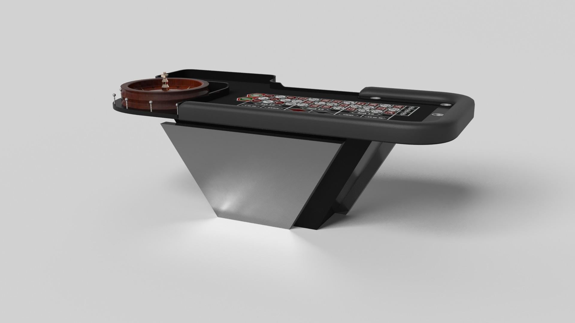 Handcrafted with clean lines, sharp angles, and a pyramid base, the Vogue roulette table in brushed aluminum strikes the perfect balance between sport-inspired style and contemporary design. Timeless in its appeal and revered for its practicality
