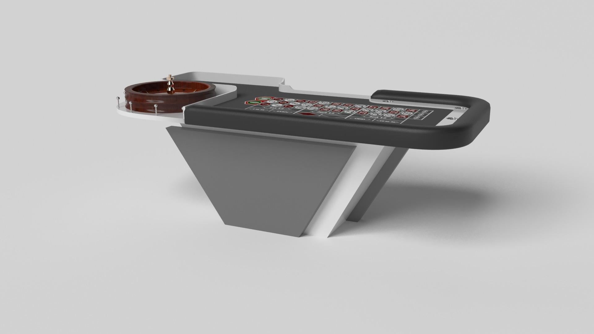 Handcrafted with clean lines, sharp angles, and a pyramid base, the Vogue roulette table in brushed aluminum strikes the perfect balance between sport-inspired style and contemporary design. Timeless in its appeal and revered for its practicality