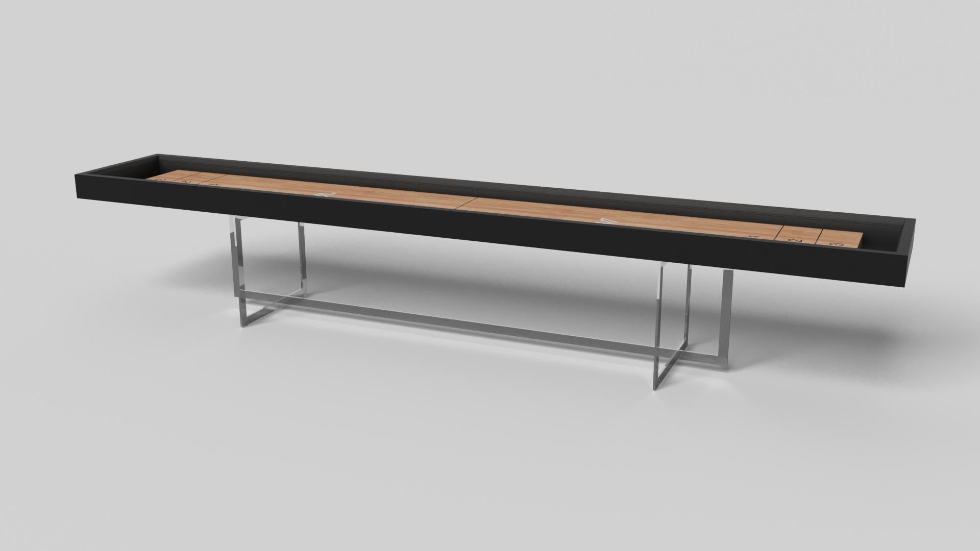 Handcrafted with clean lines, sharp angles, and a pyramid base, the Vogue shuffleboard table in chrome with black strikes the perfect balance between sport-inspired style and contemporary design. Timeless in its appeal and revered for its