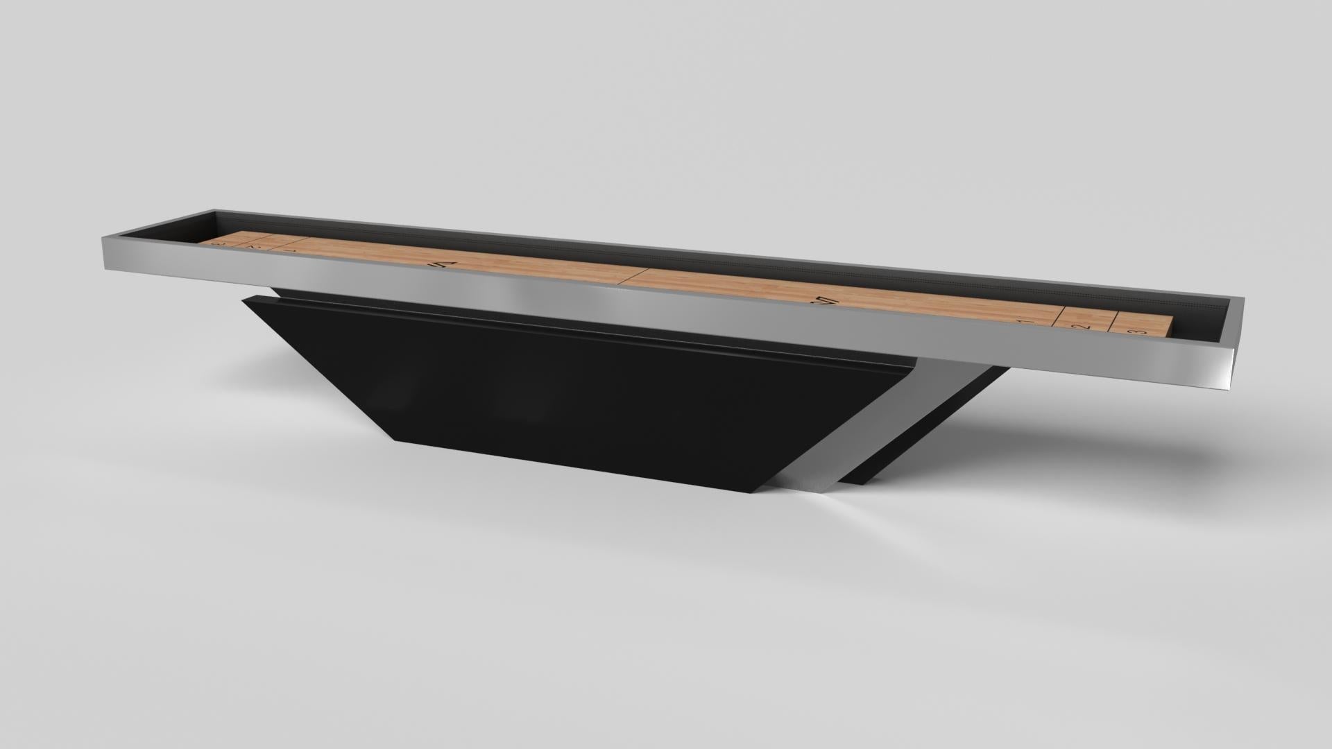 Handcrafted with clean lines, sharp angles, and a pyramid base, the Vogue shuffleboard table in chrome with black strikes the perfect balance between sport-inspired style and contemporary design. Timeless in its appeal and revered for its