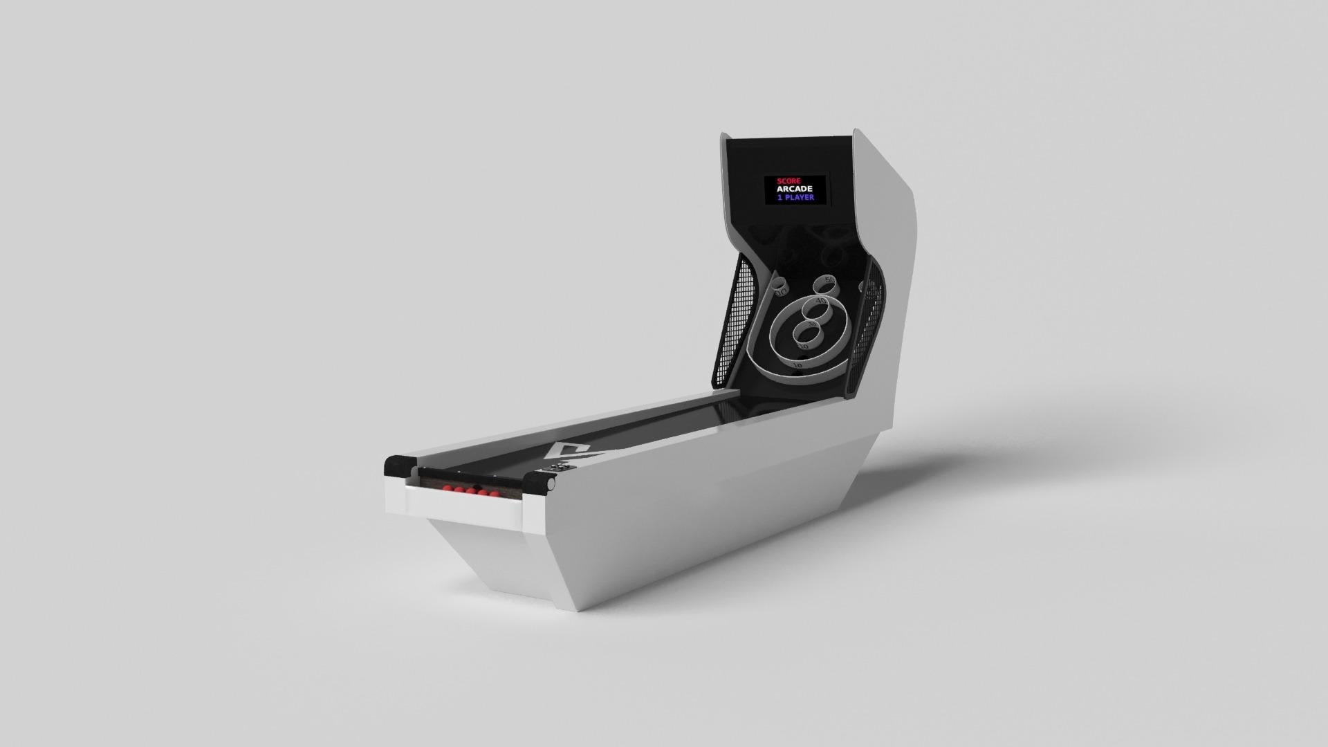 Handcrafted with clean lines, sharp angles, and a pyramid base, the Vogue skeeball game strikes the perfect balance between sporty competition and contemporary design. Timeless in its appeal and detailed with built-in digital components, this custom