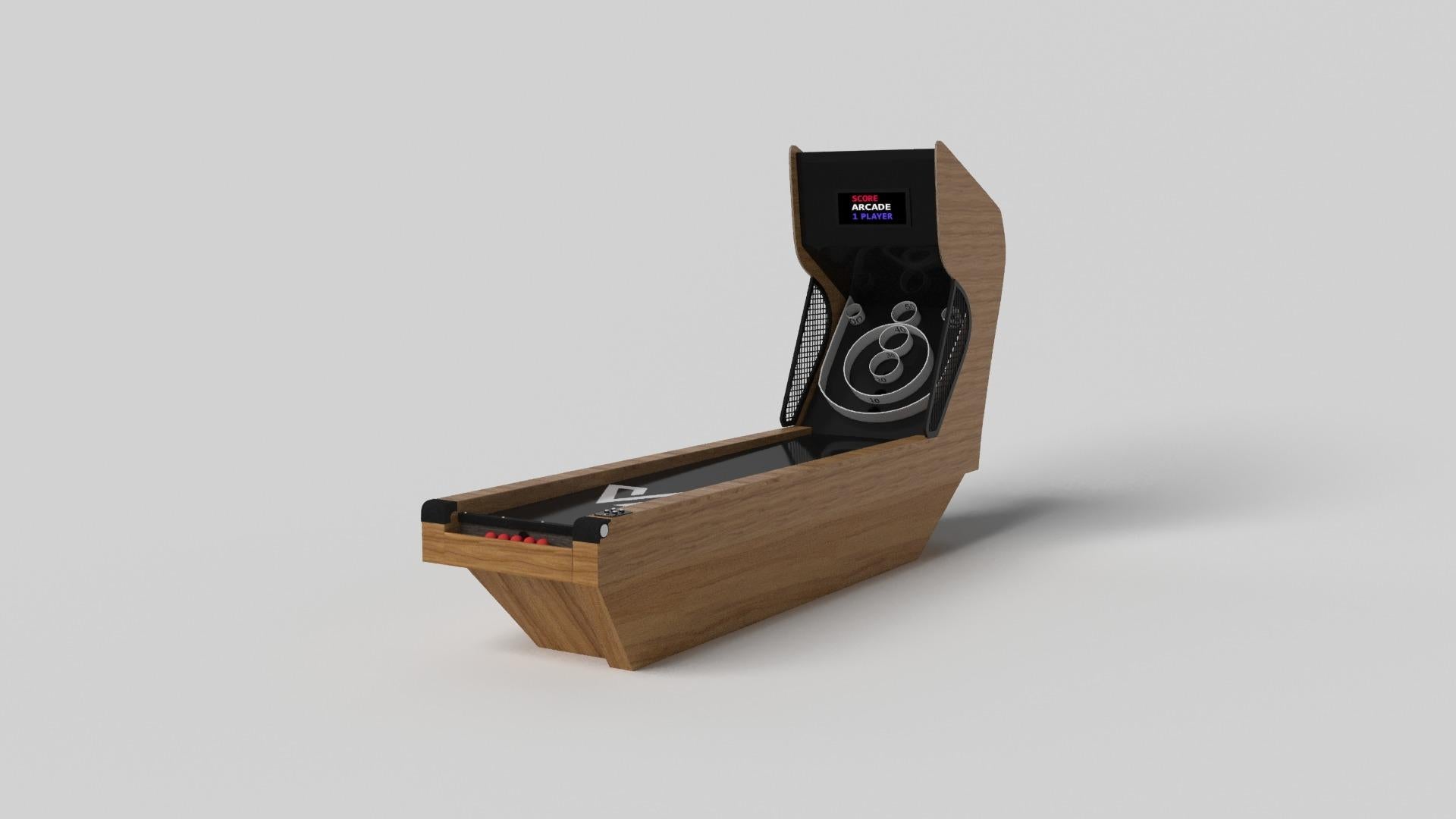 Fabriqué à la main avec des lignes épurées, des angles vifs et une base pyramidale, le jeu de skeeball Vogue trouve l'équilibre parfait entre compétition sportive et design contemporain. Intemporel dans son attrait et détaillé avec des composants
