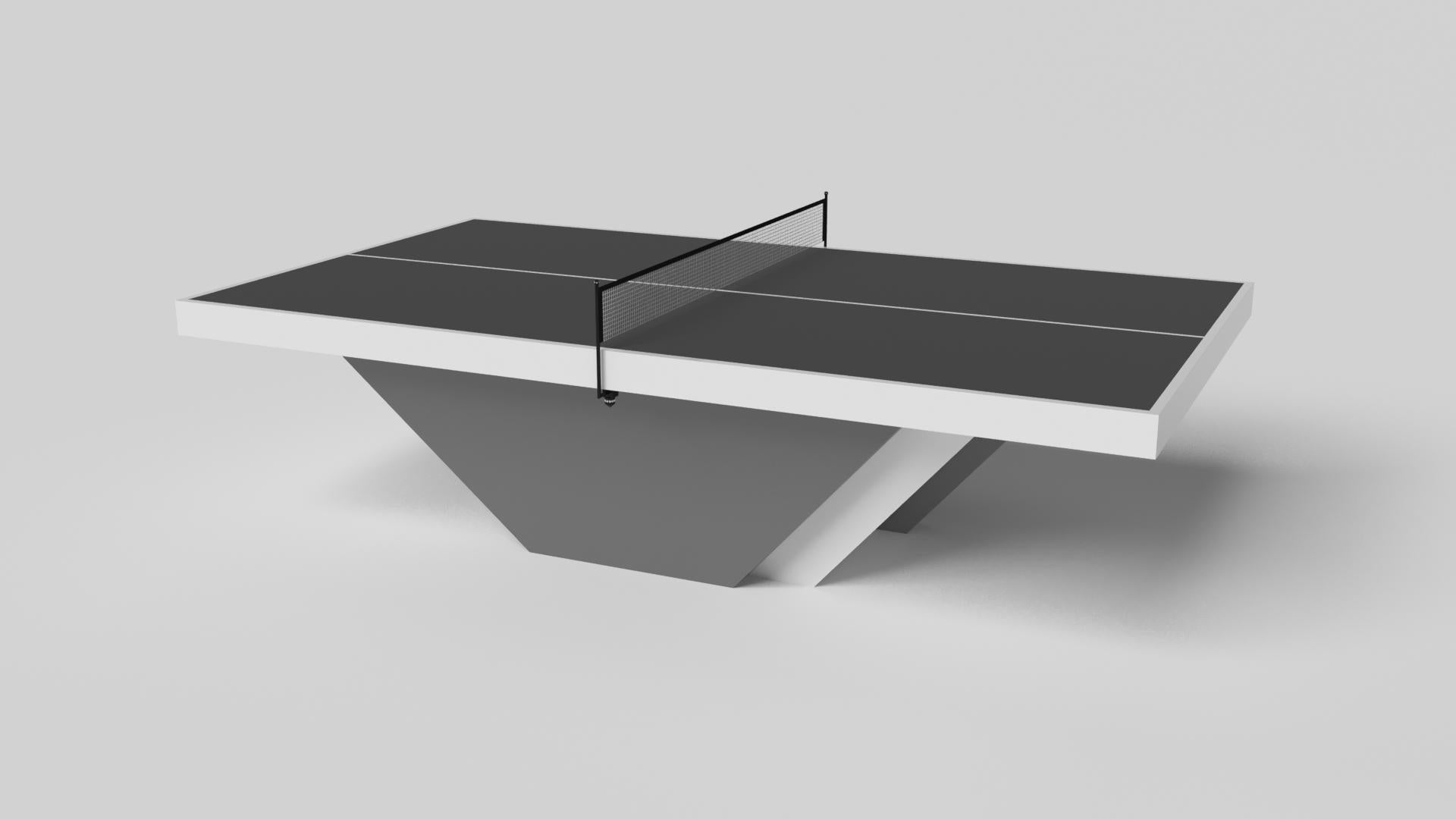 Handcrafted with clean lines, sharp angles, and a pyramid base, the Vogue table tennis table in chrome with black strikes the perfect balance between sport-inspired style and contemporary design. Timeless in its appeal and revered for its