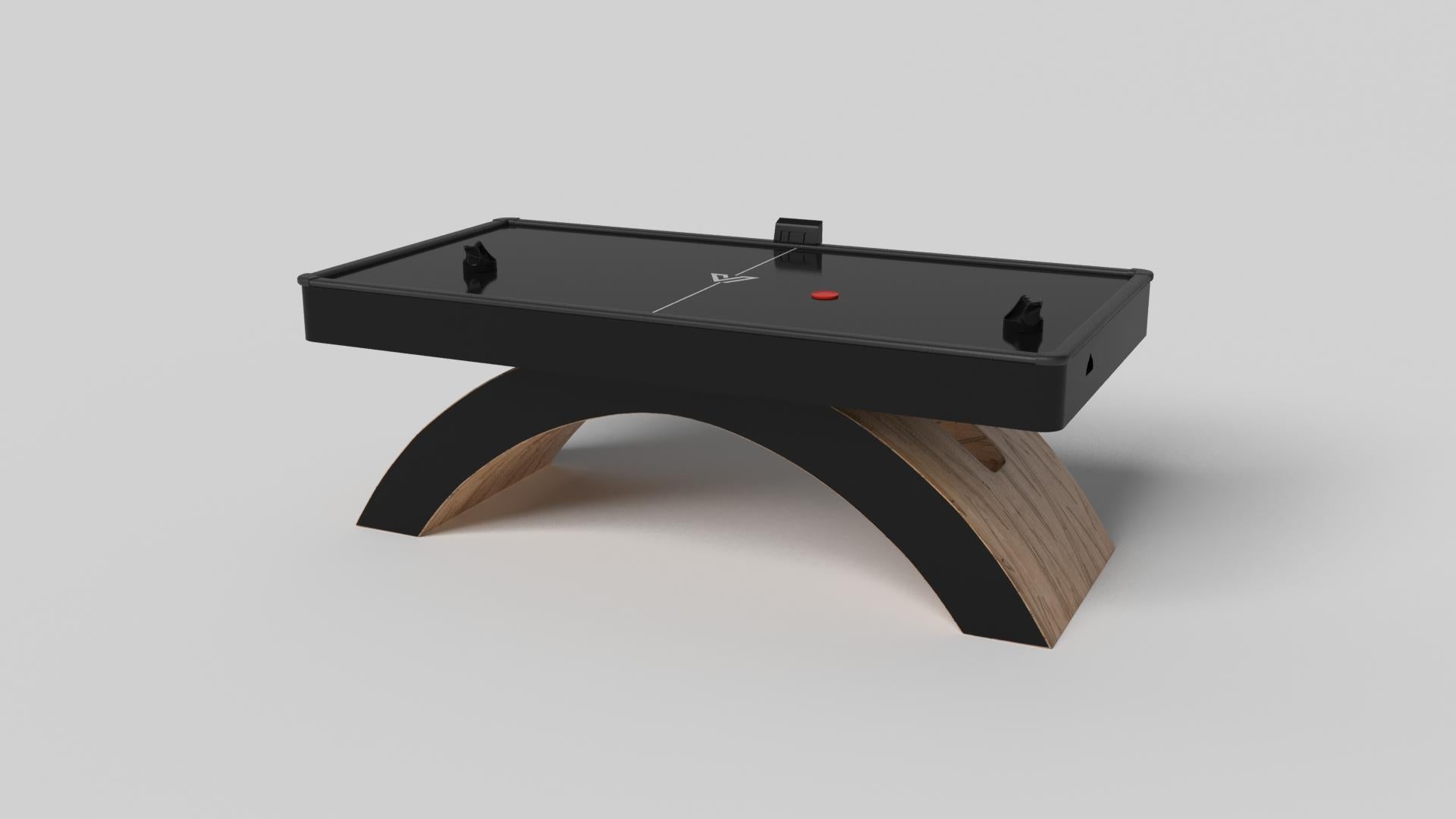 An open, arched base balances beautifully against the hard edges of the rectangular surface top, making the Zenith air hockey table in black with red a striking juxtaposition of modern, geometric forms. Minimalist in its appeal yet luxurious in