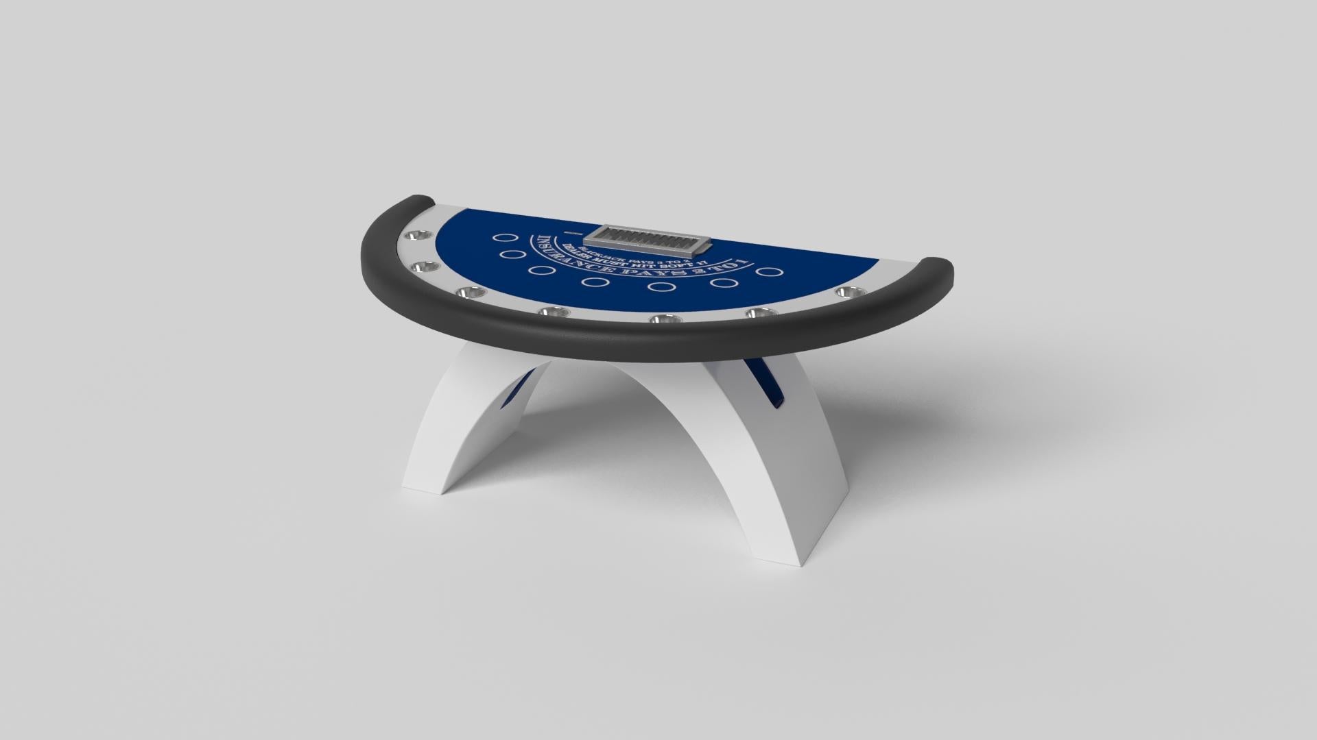 An open, arched base balances beautifully against the hard edges of the semicircular surface top, making the Zenith blackjack table in white a striking juxtaposition of modern, geometric forms. Minimalist in its appeal yet luxurious in design, this