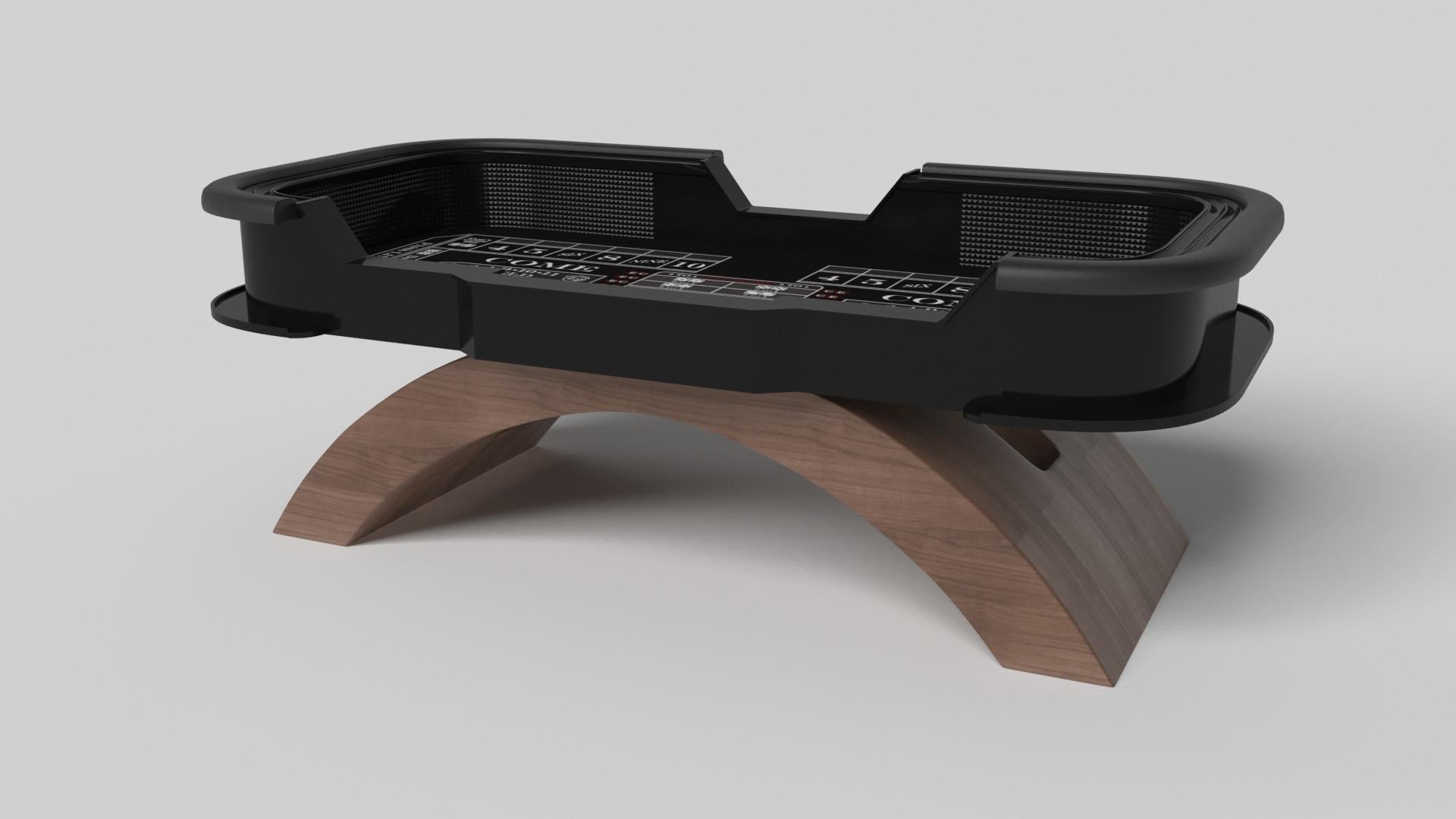 An open, arched base balances beautifully against the hard edges of the rectangular surface top, making the Zenith craps table in black with red a striking juxtaposition of modern, geometric forms. Minimalist in its appeal yet luxurious in design,