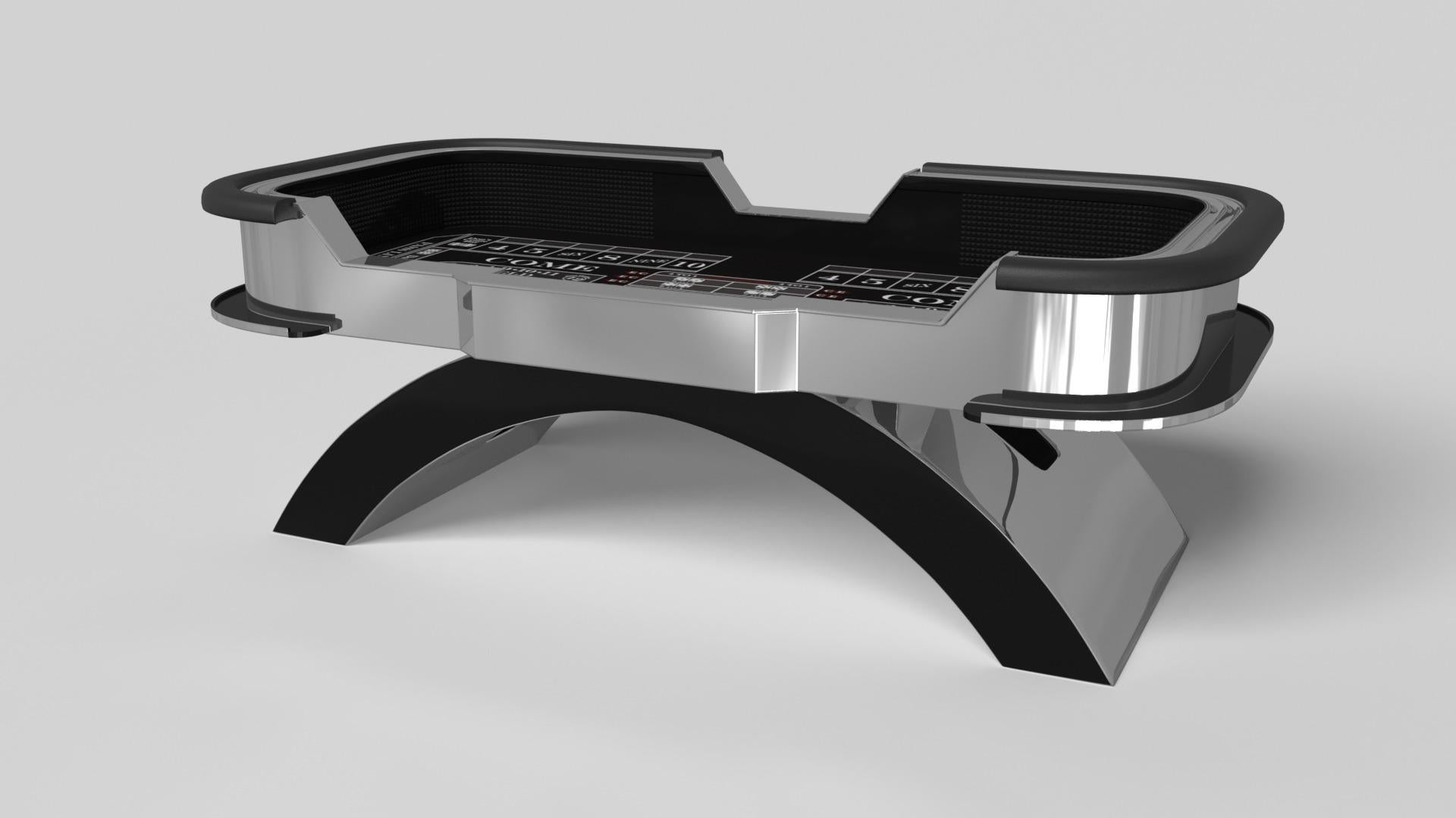Une base ouverte et arquée s'équilibre magnifiquement avec les bords durs du plateau rectangulaire, faisant de la table de craps Zenith en noir et rouge une juxtaposition frappante de formes modernes et géométriques. Minimaliste dans son attrait