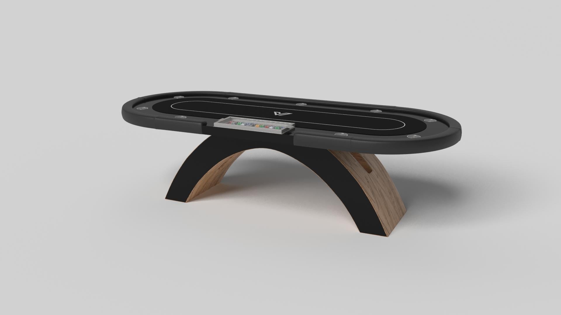 An open, arched base balances beautifully against the rounded edges of the oval surface top, making the Zenith poker table in black with red a striking combination of modern, geometric forms. Minimalist in its appeal yet luxurious in design, this