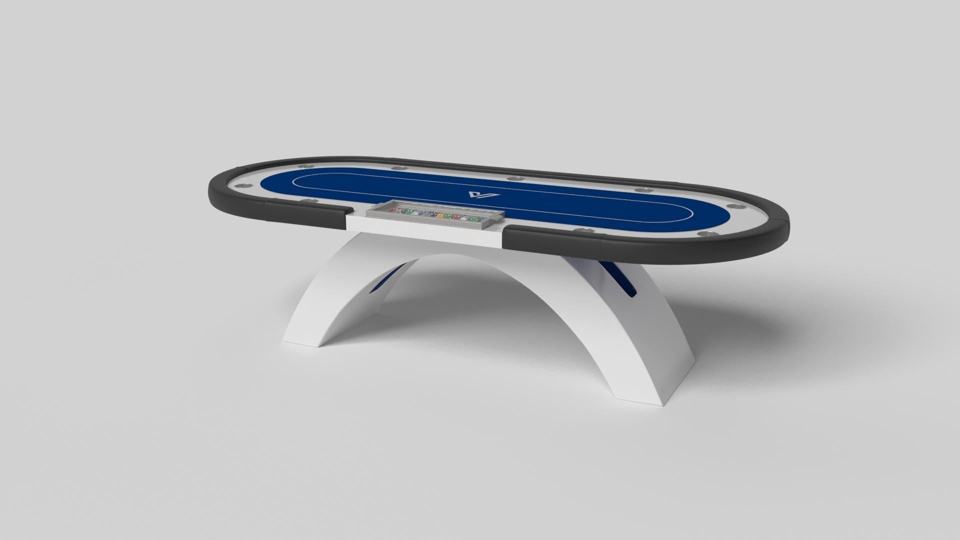 An open, arched base balances beautifully against the rounded edges of the oval surface top, making the Zenith poker table in black with red a striking combination of modern, geometric forms. Minimalist in its appeal yet luxurious in design, this