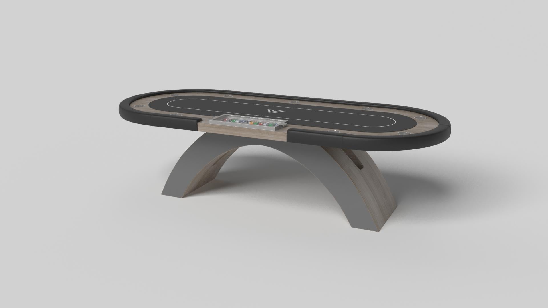 An open, arched base balances beautifully against the rounded edges of the oval surface top, making the Zenith poker table in black with red a striking combination of modern, geometric forms. Minimalist in its appeal yet luxurious in design, this