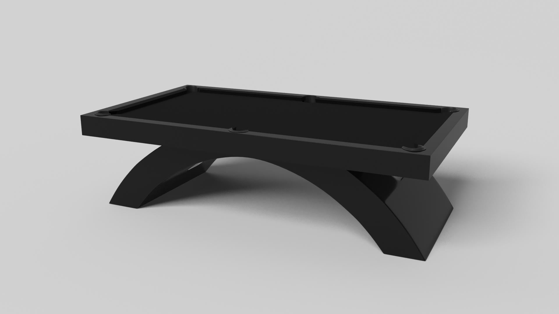 An open, arched base balances beautifully against the hard edges of the rectangular surface top, making the Zenith pool table in black with red a striking juxtaposition of modern, geometric forms. Minimalist in its appeal yet luxurious in design,