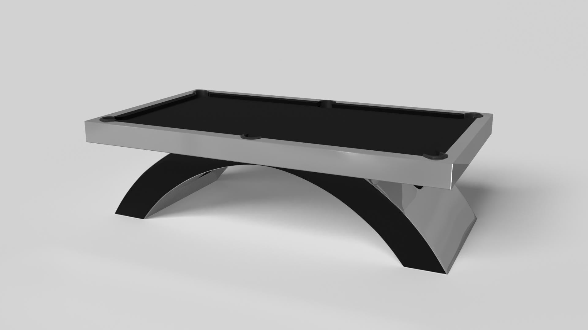 Une base ouverte et arquée s'équilibre magnifiquement avec les bords durs du plateau rectangulaire, faisant du billard Zenith en noir et rouge une juxtaposition frappante de formes modernes et géométriques. Minimaliste mais luxueuse, cette table